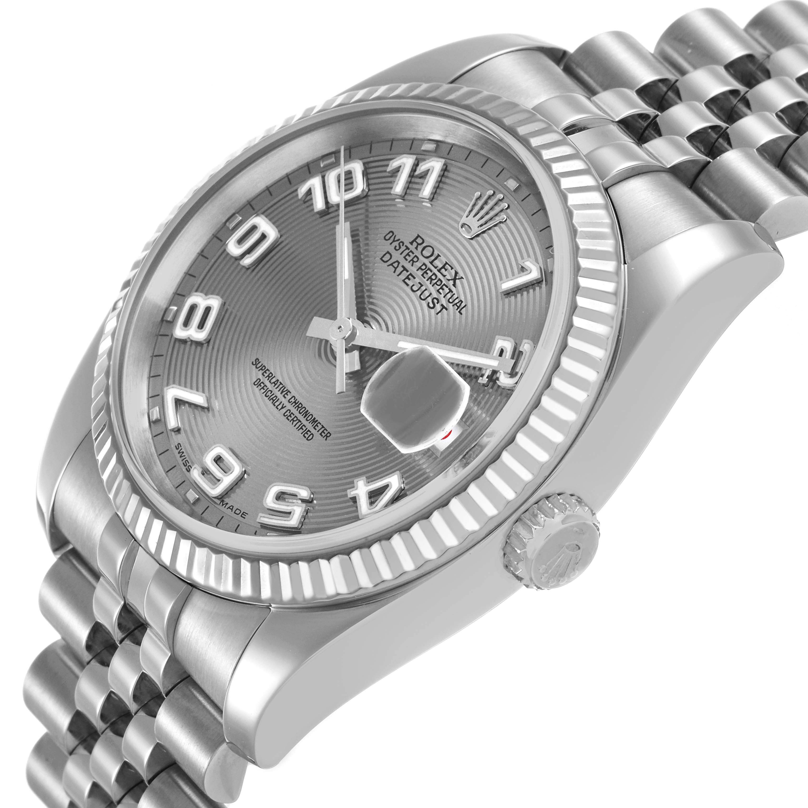 The Rolex Datejust 116234 Men's Stainless Steel Silver Dial watch is shown from a three-quarter angle, highlighting the face, bezel, and part of the bracelet.