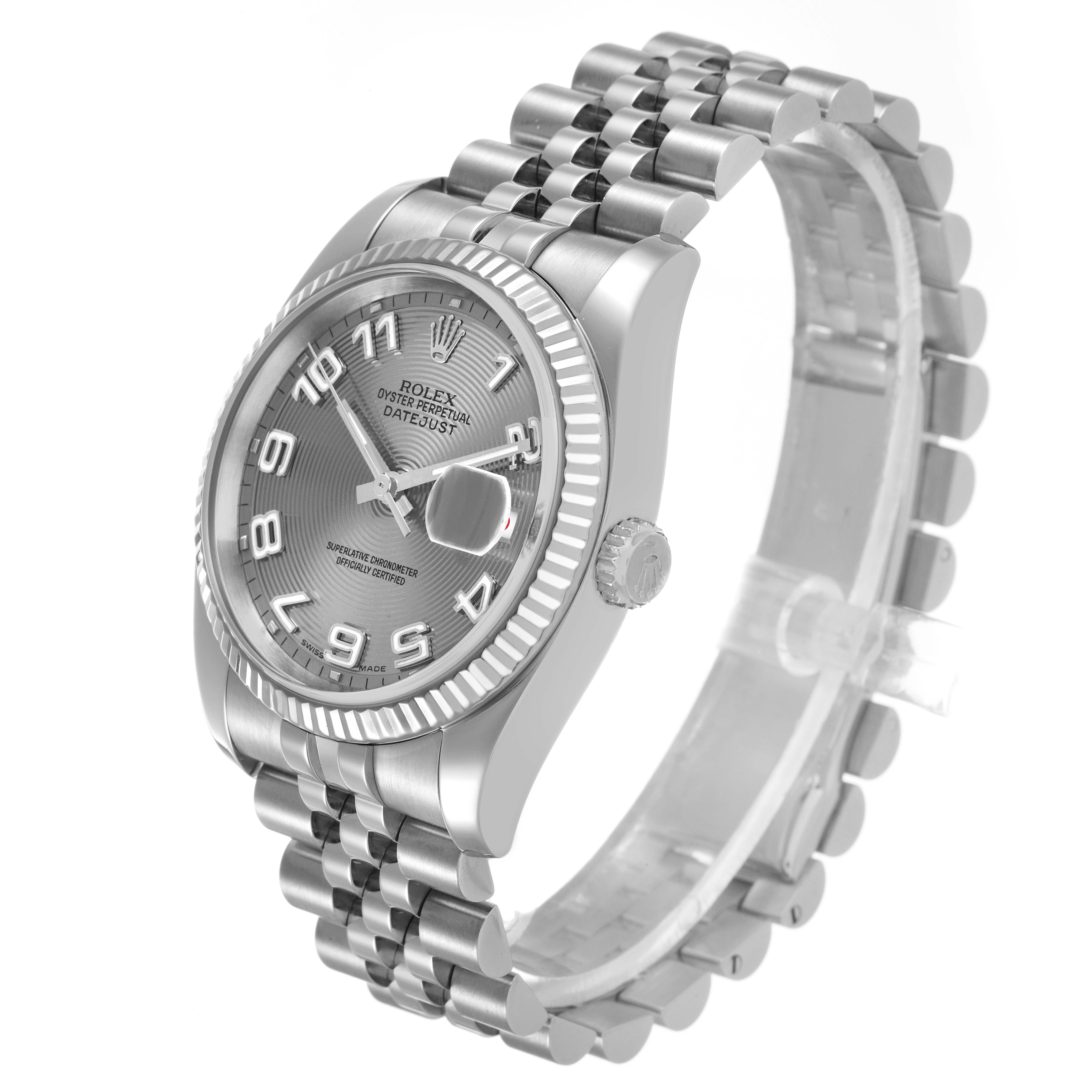 The Rolex Datejust 116234 Men's Stainless Steel Silver Dial is shown at a slight side angle, highlighting the dial, fluted bezel, and Jubilee bracelet.