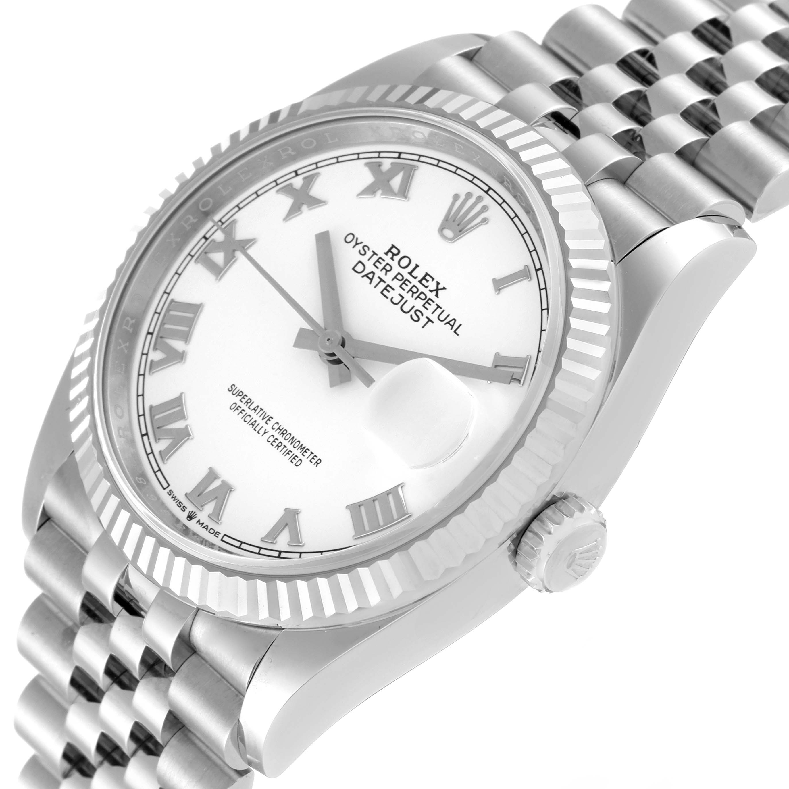 This image shows a Rolex Datejust 126234 Men's Stainless Steel White Dial 126234 Men's Stainless Steel White Dial watch at a three-quarter angle, highlighting its dial, bezel, crown, and bracelet.