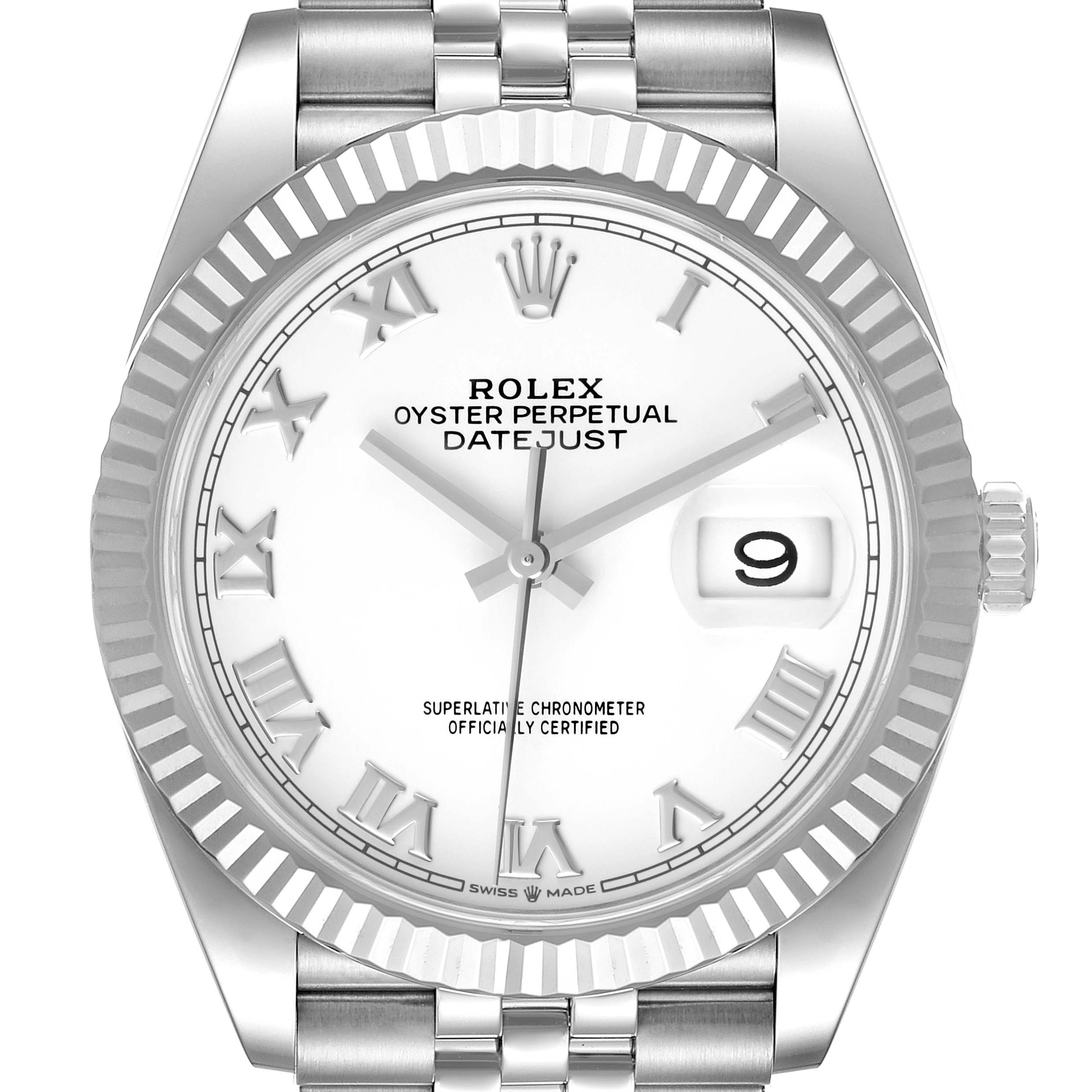 This image shows a front view of the Rolex Datejust 126234 Men's Stainless Steel White Dial 126234 Men's Stainless Steel White Dial watch, highlighting the dial, bezel, and part of the bracelet.