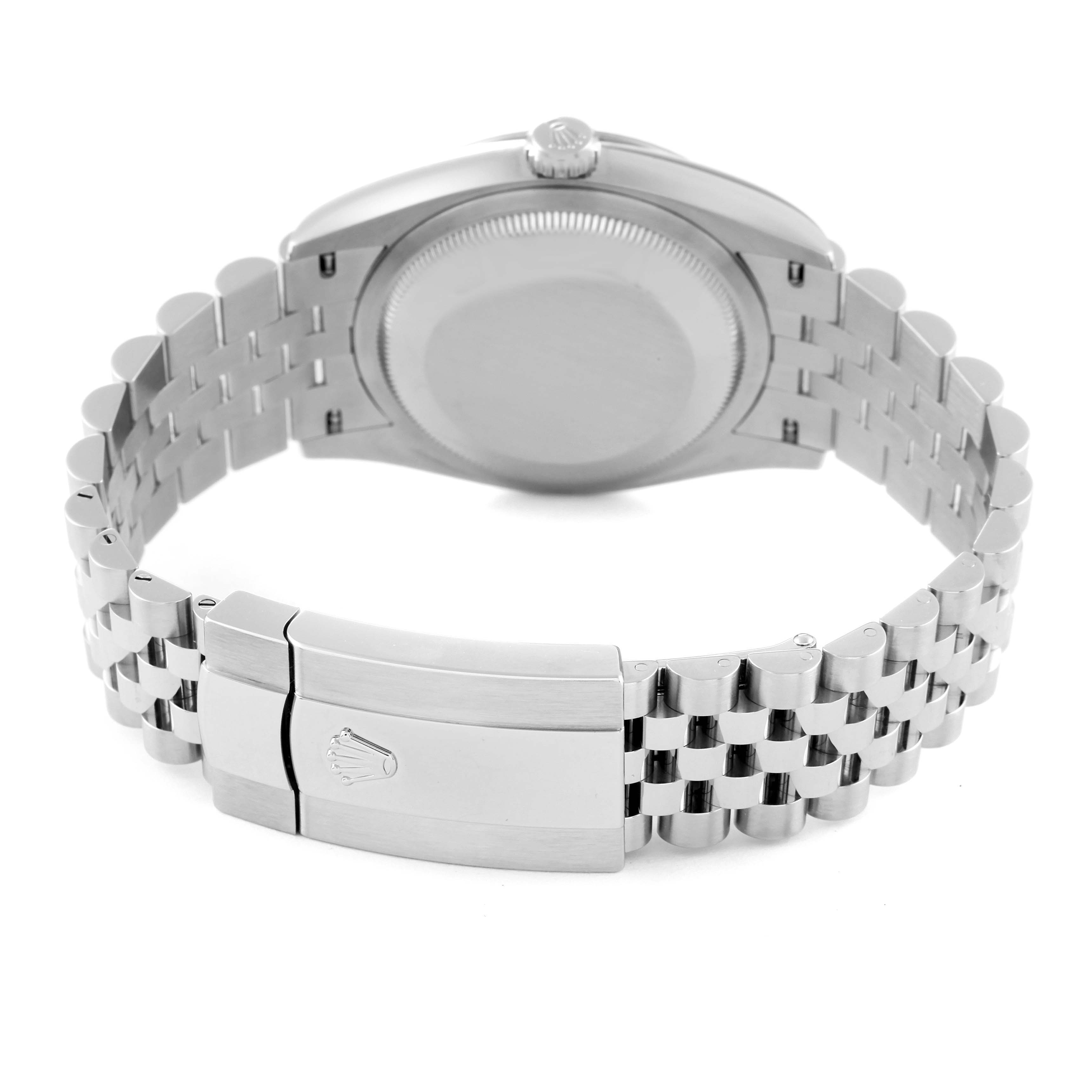 The image shows the back view of a Rolex Datejust 126234 Men's Stainless Steel White Dial 126234 Men's Stainless Steel White Dial watch, featuring the case back, crown, and Jubilee bracelet with clasp.
