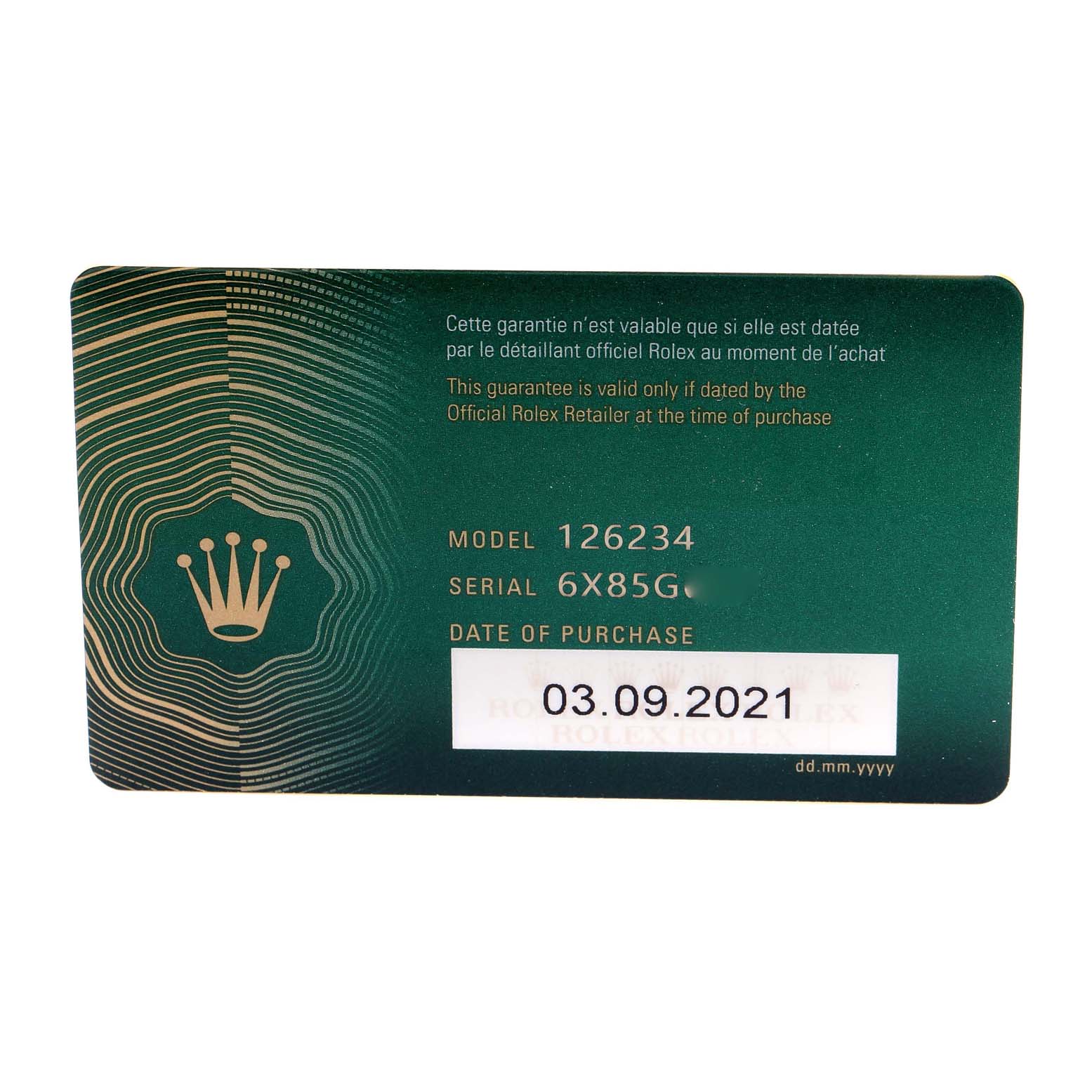 This image shows the warranty card for the Rolex Datejust 126234 Men's Stainless Steel White Dial 126234 Men's Stainless Steel White Dial model 126234.