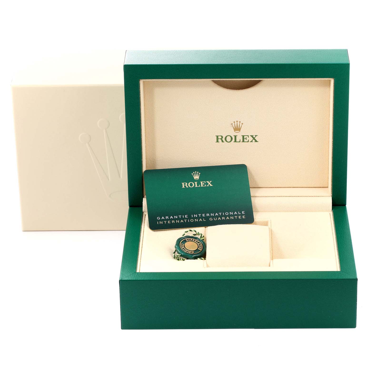 The image shows a Rolex Datejust 126234 Men's Stainless Steel White Dial 126234 Men's Stainless Steel White Dial watch box, international guarantee card, and accessory tag from a front angle.