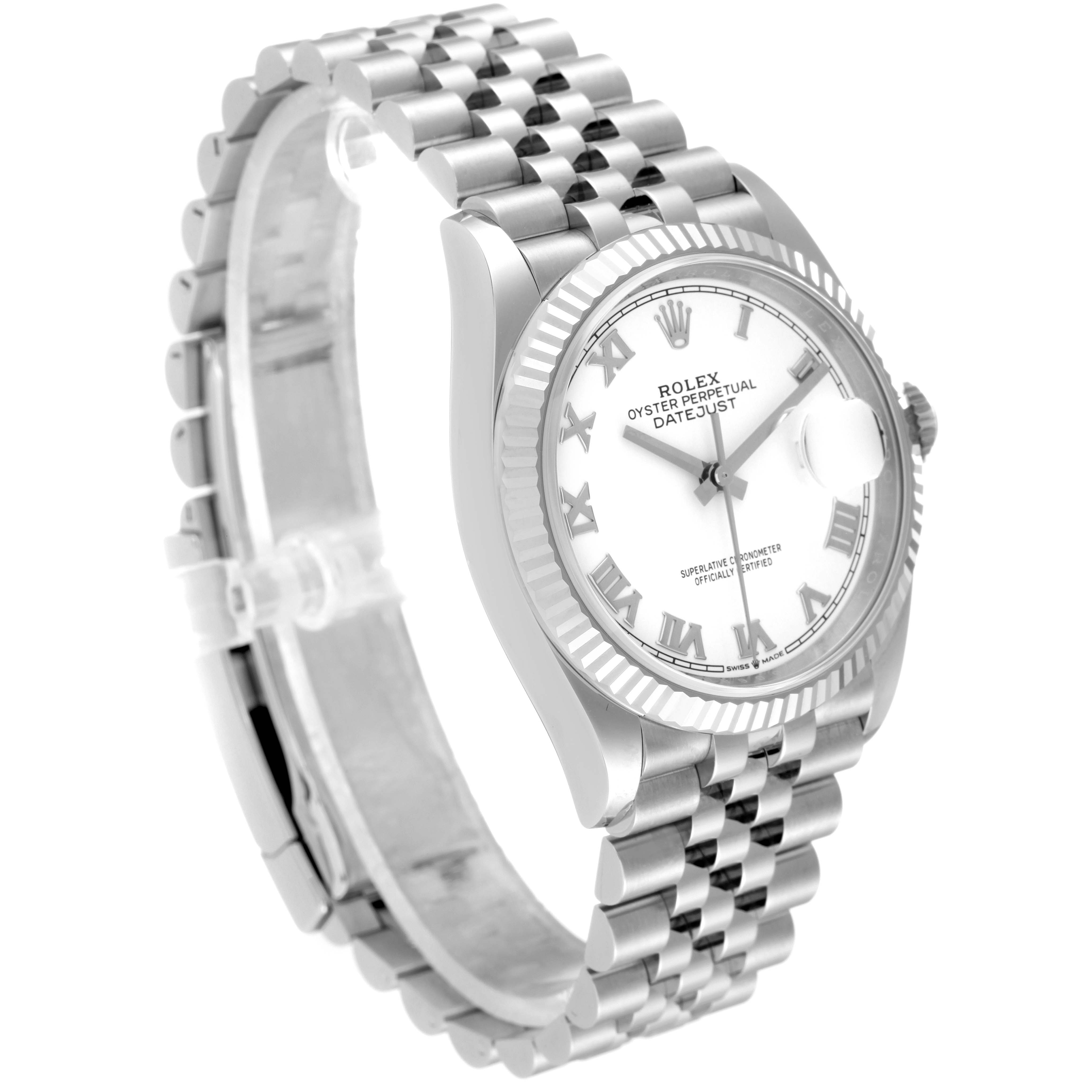The Rolex Datejust 126234 Men's Stainless Steel White Dial 126234 Men's Stainless Steel White Dial watch is shown from an angled side view, displaying the face, bezel, and Jubilee bracelet.