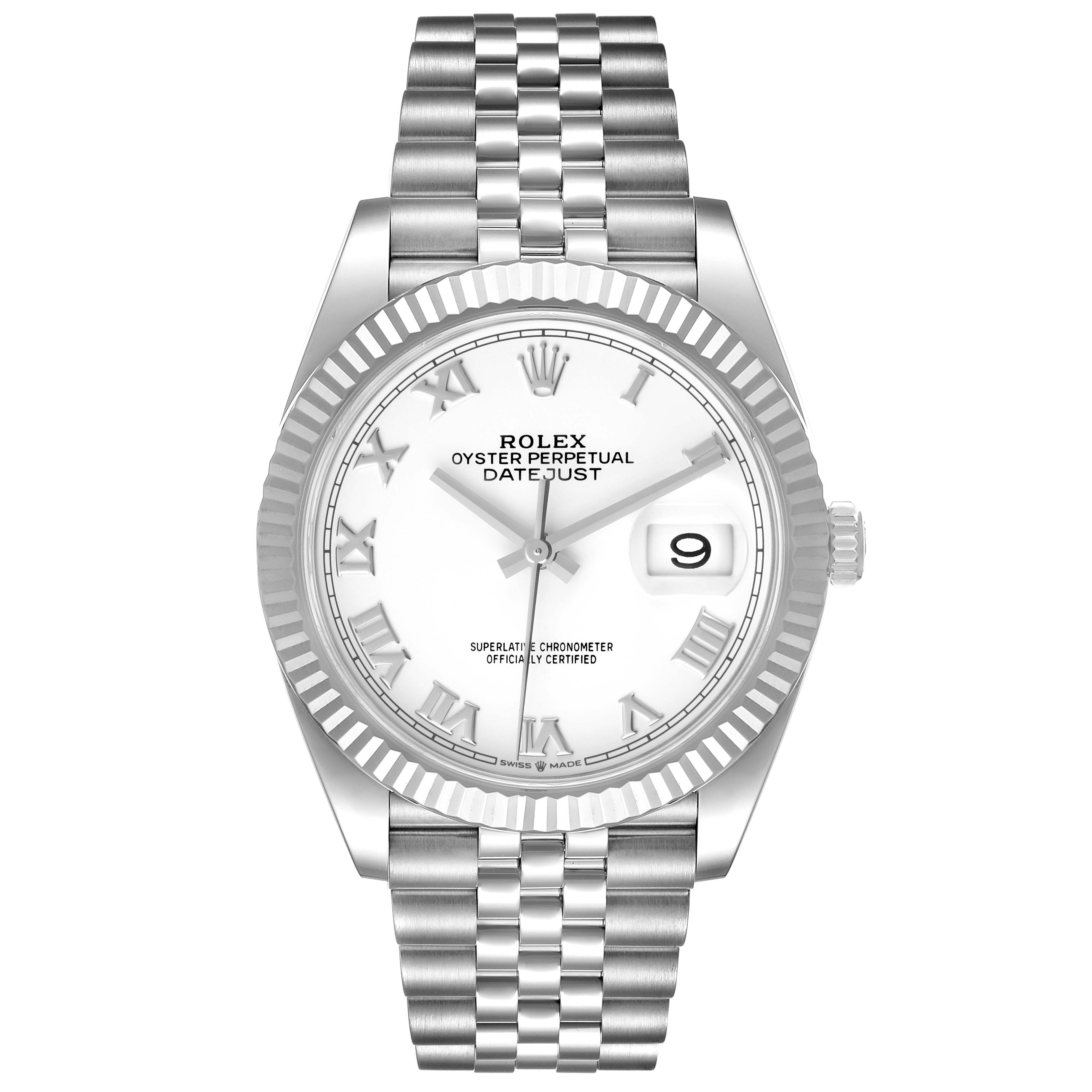 This is a front view of the Rolex Datejust 126234 Men's Stainless Steel White Dial 126234 Men's Stainless Steel White Dial watch, showing the dial, bezel, bracelet, and date window.