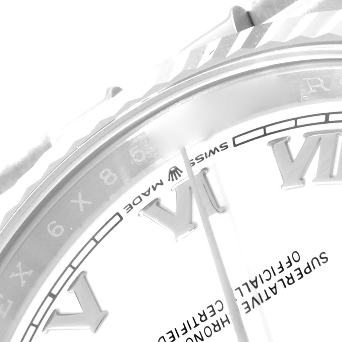 A close-up angle shows the bezel, part of the dial, and Roman numeral markers of a Rolex Datejust 126234 Men's Stainless Steel White Dial 126234 Men's Stainless Steel White Dial watch.