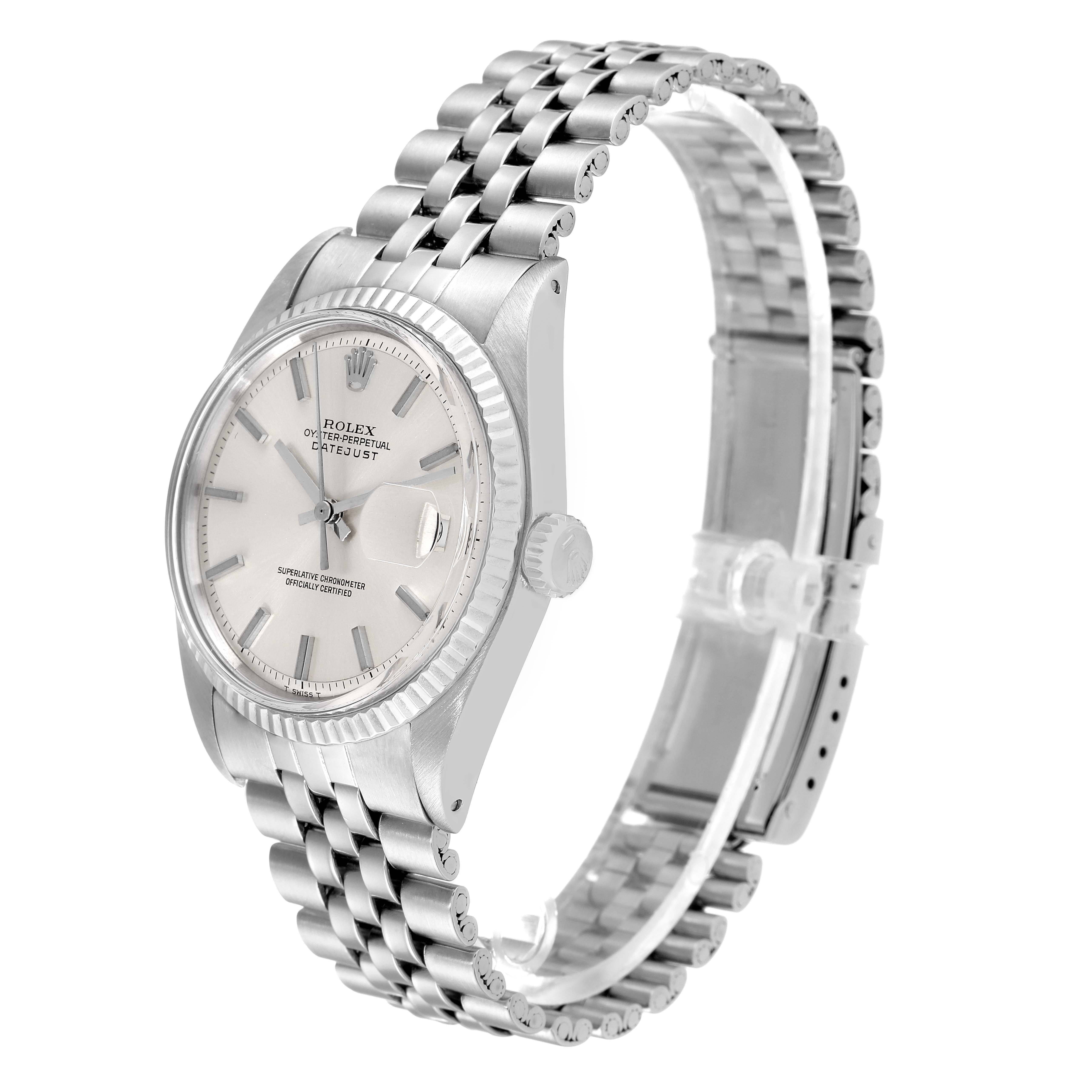 The image shows a Rolex Datejust 1601 Men
s Stainless Steel Silver Dial 1601 Men
s Stainless Steel Silver Dial watch at a slight angle, highlighting the dial, crown, and jubilee bracelet.