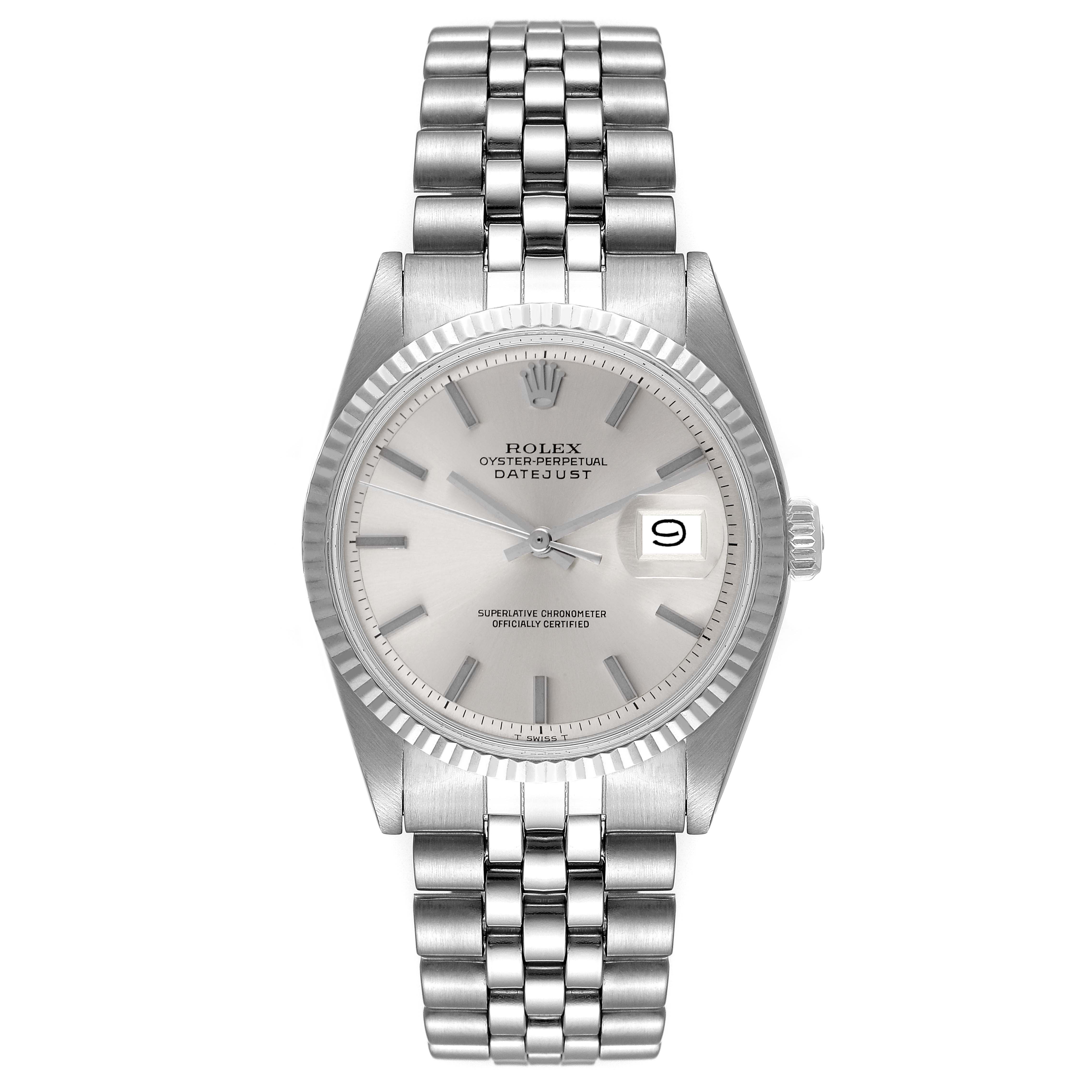 This Rolex Datejust 1601 Men
s Stainless Steel Silver Dial 1601 Men
s Stainless Steel Silver Dial model watch is shown from a front angle, displaying its face, bezel, crown, and bracelet.