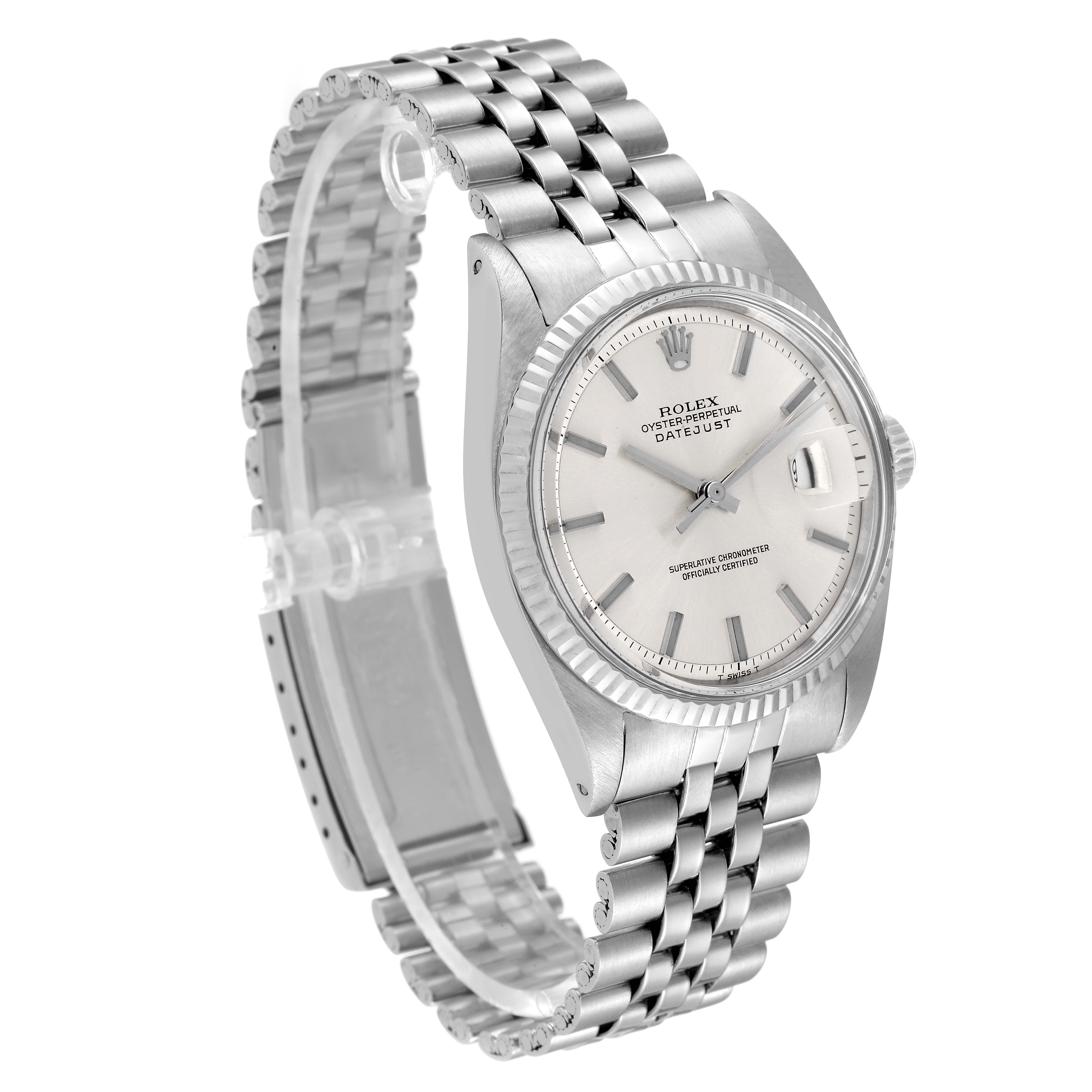 The image shows a Rolex Datejust 1601 Men
s Stainless Steel Silver Dial 1601 Men
s Stainless Steel Silver Dial model from a side angle, highlighting its face, bezel, and bracelet.