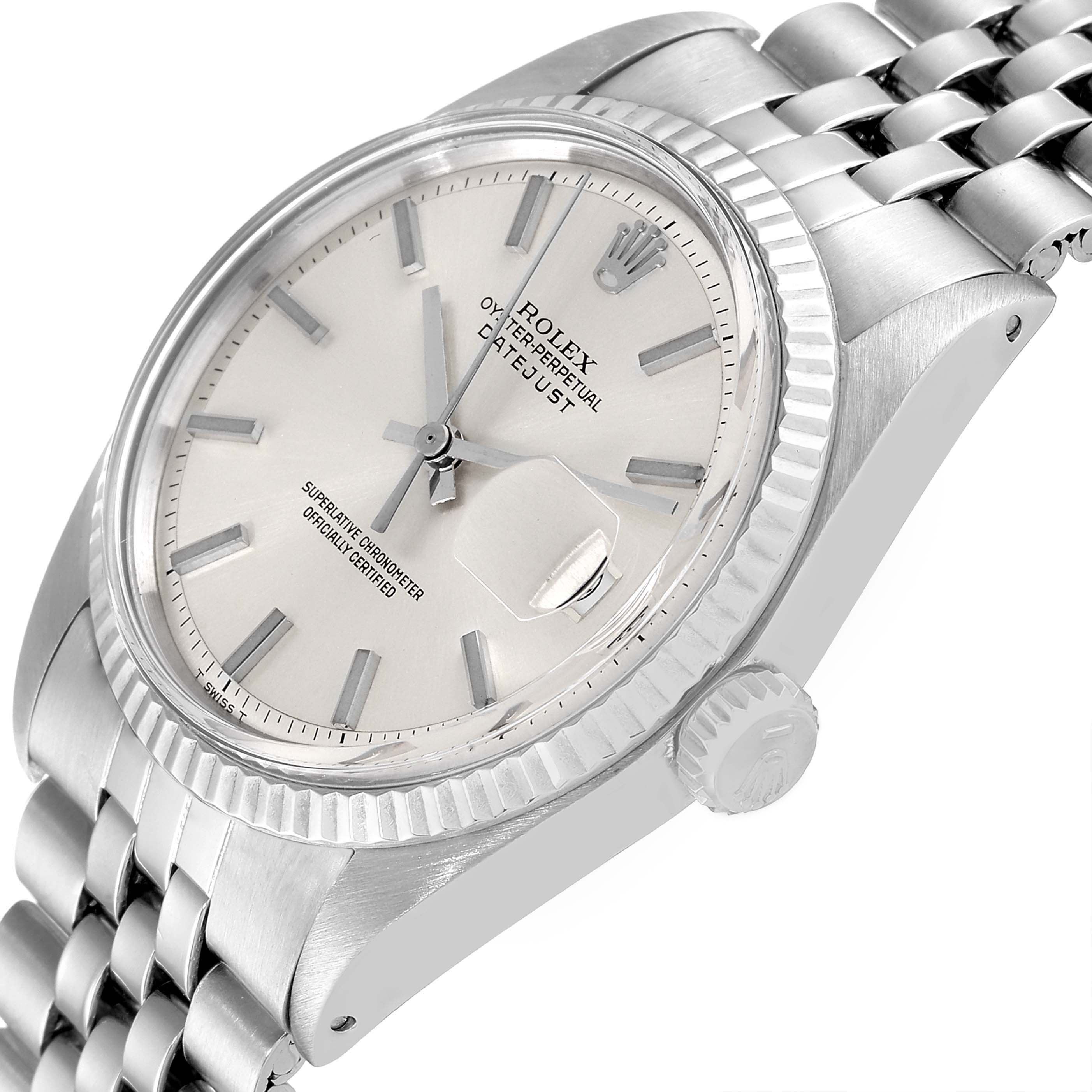The image shows a Datejust model Rolex watch at an angled side view, highlighting the dial, bezel, crown, and bracelet.