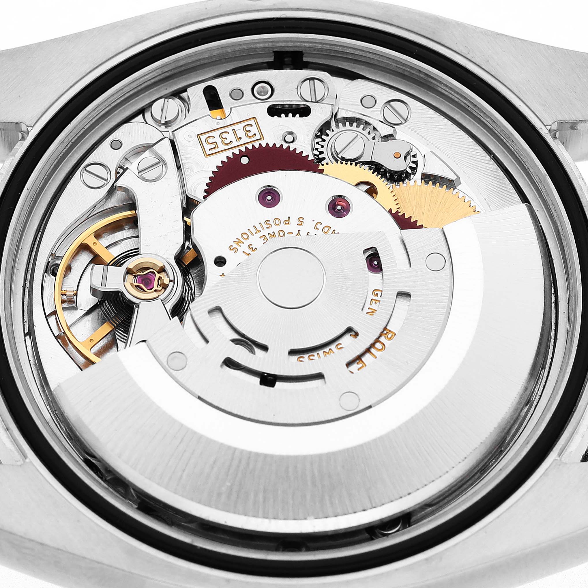 The image shows the intricate movement and rotor of the Rolex Datejust 116234 Men's Stainless Steel Silver Dial from a rear, open-case angle.