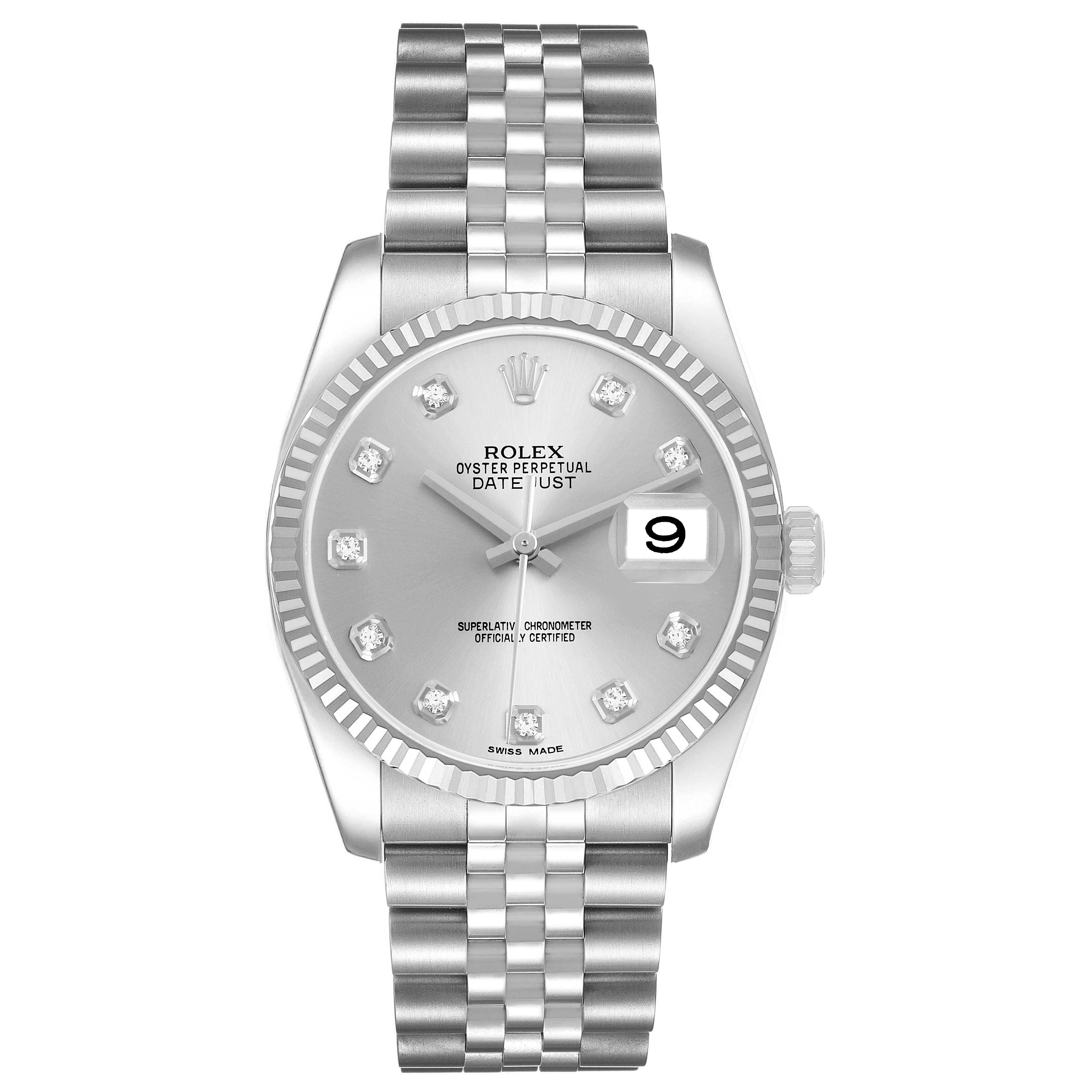 The image shows a Rolex Datejust 116234 Men's Stainless Steel Silver Dial watch from a top-down angle, highlighting the face, bracelet, and date window.