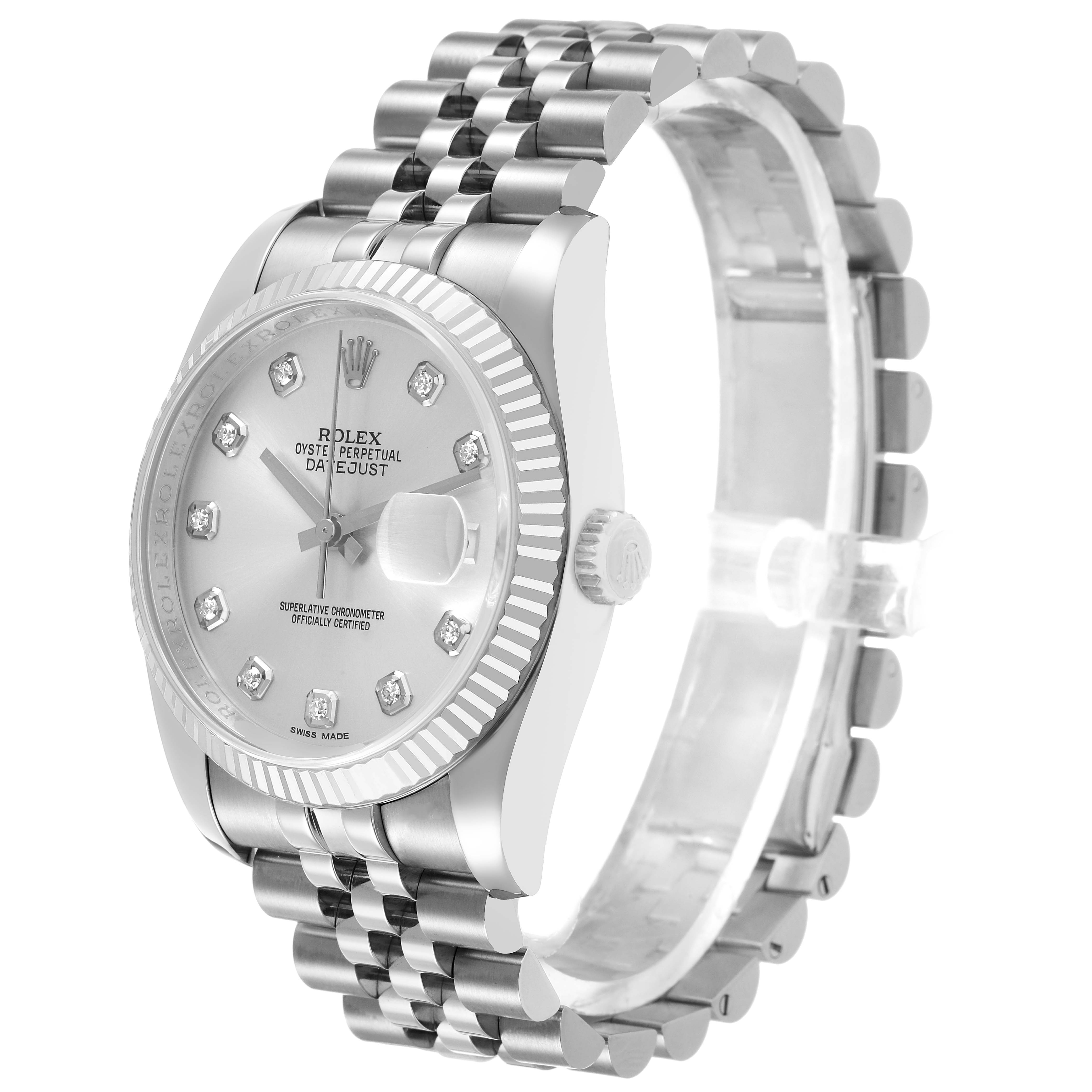 The Rolex Datejust 116234 Men's Stainless Steel Silver Dial watch is shown at a three-quarter angle, displaying the face, bezel, and part of the bracelet.