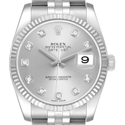 The Rolex Datejust 116234 Men's Stainless Steel Silver Dial watch is shown from the front, highlighting its dial, hands, date window, and part of the bracelet.
