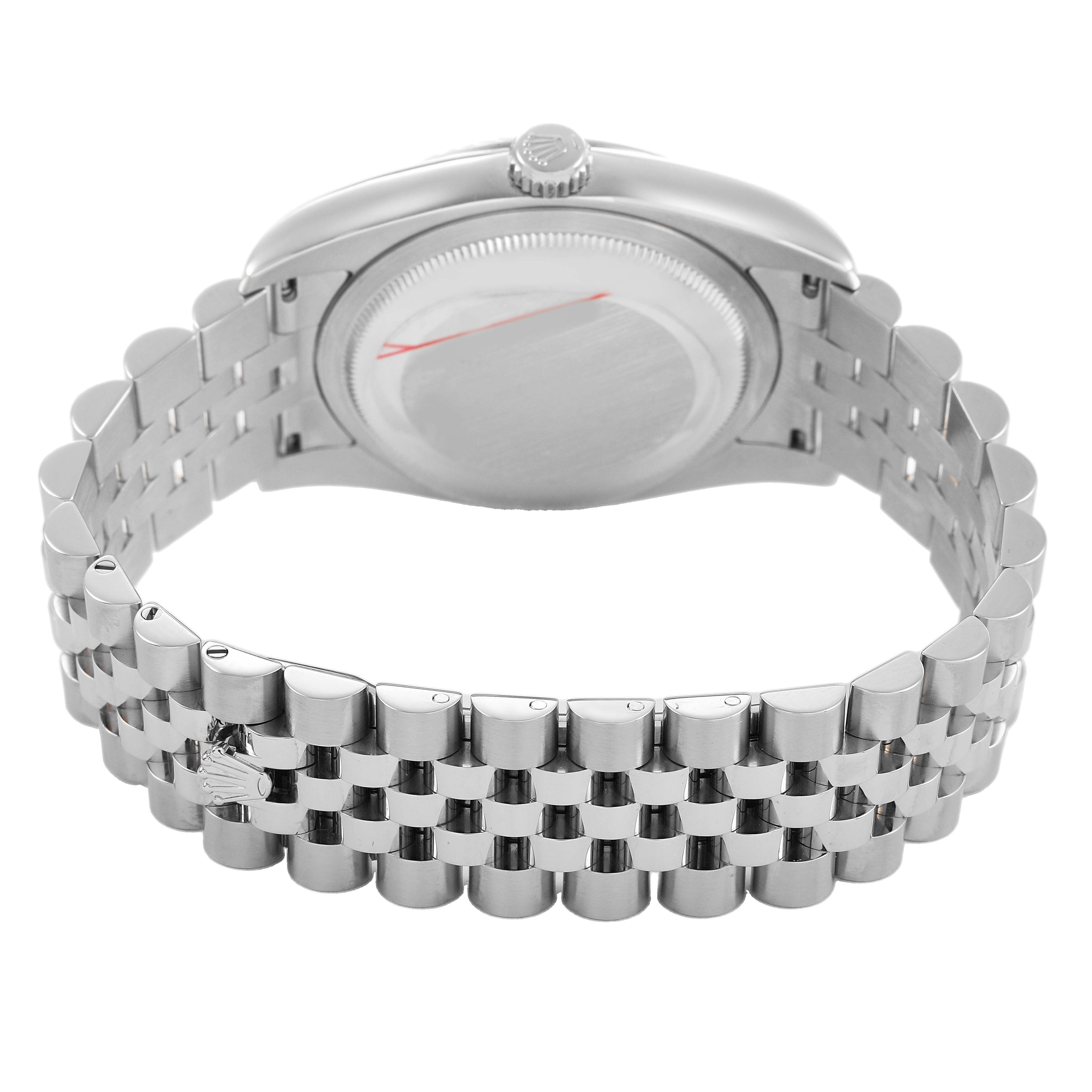 The image shows the back side of a Rolex Datejust 116234 Men's Stainless Steel Silver Dial, highlighting the case back and Jubilee bracelet from a rear angle.