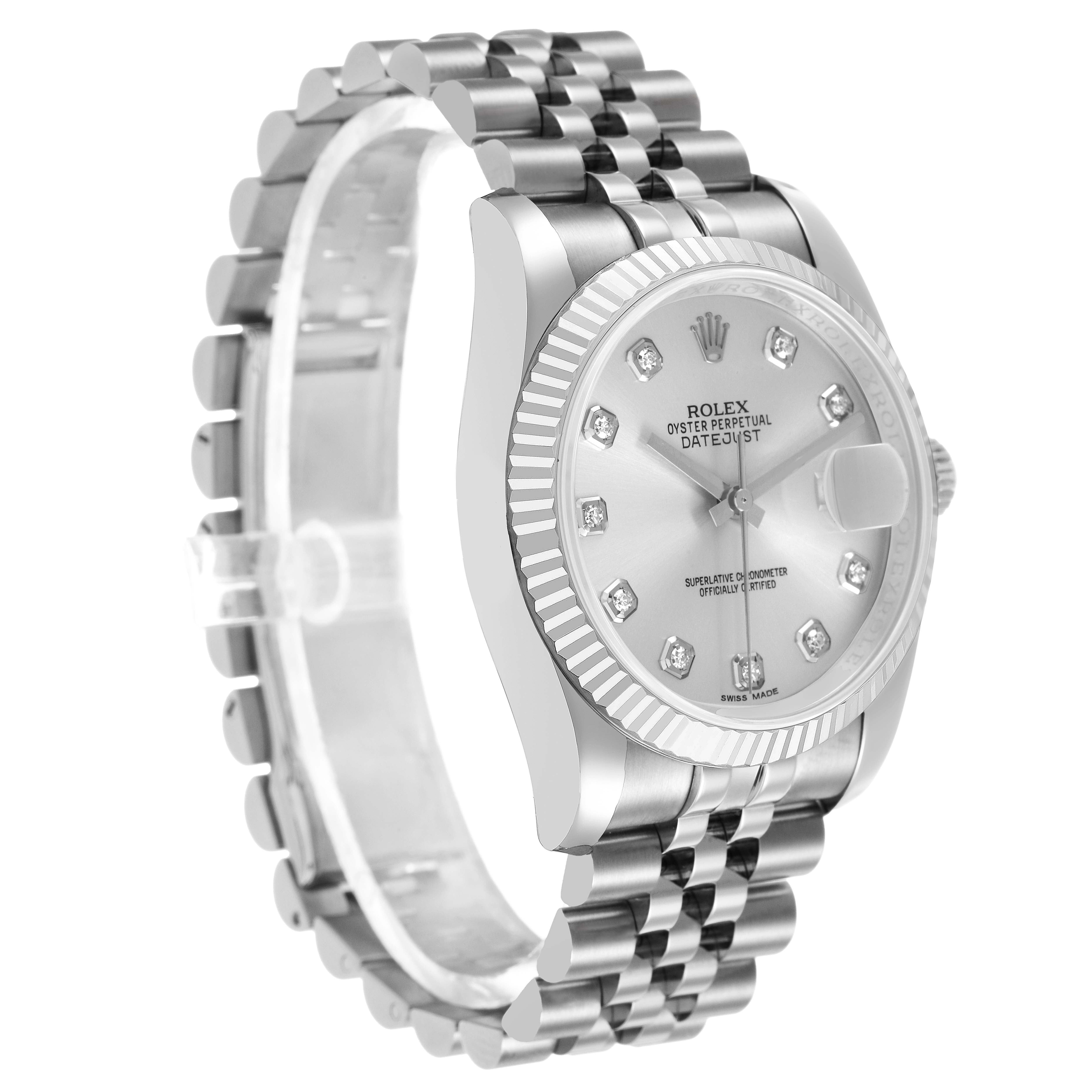 The Rolex Datejust 116234 Men's Stainless Steel Silver Dial watch is shown at a three-quarter angle, displaying the bracelet, bezel, dial, and crown.