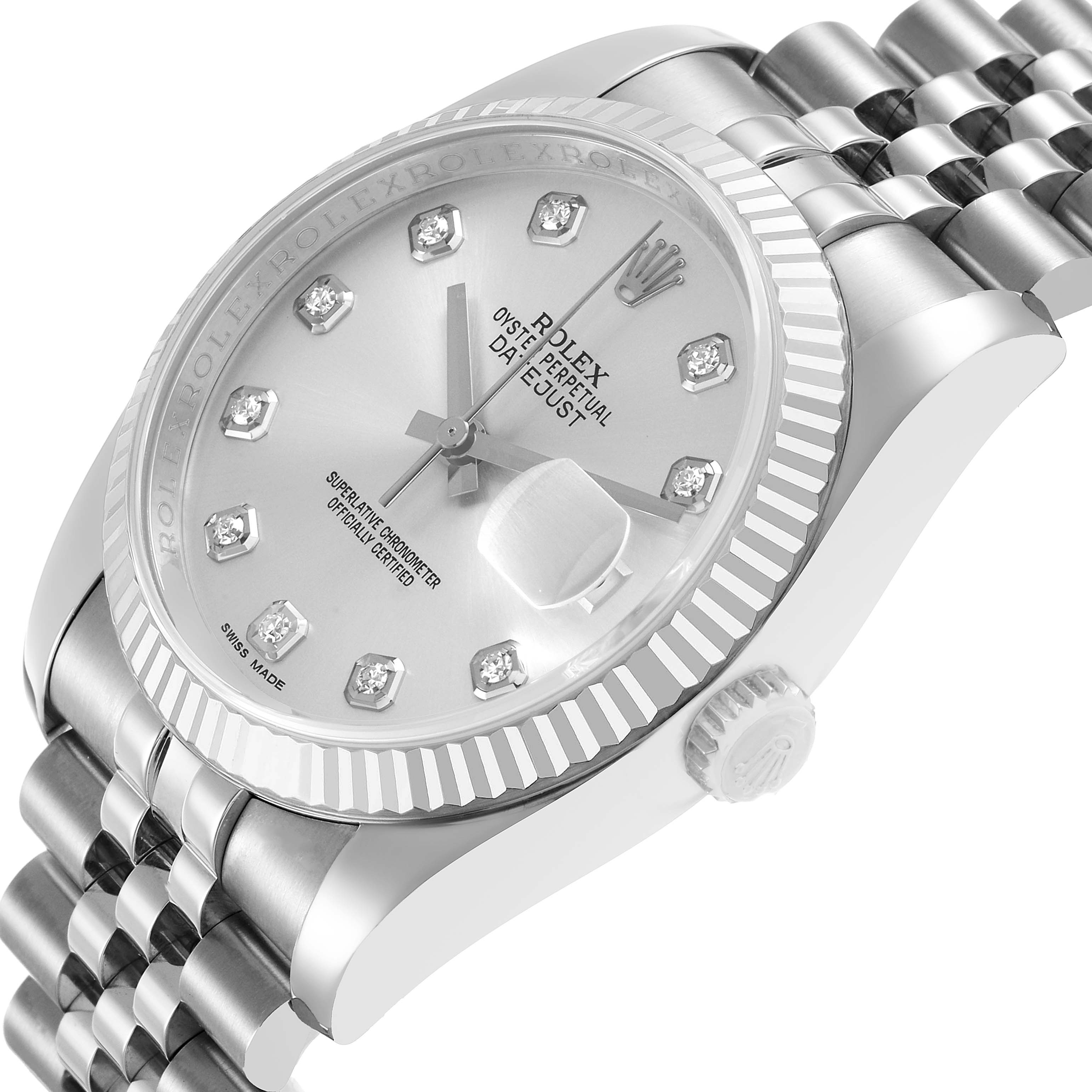 The image shows a Rolex Datejust 116234 Men's Stainless Steel Silver Dial watch at an angled side view, highlighting the dial, fluted bezel, and Jubilee bracelet.