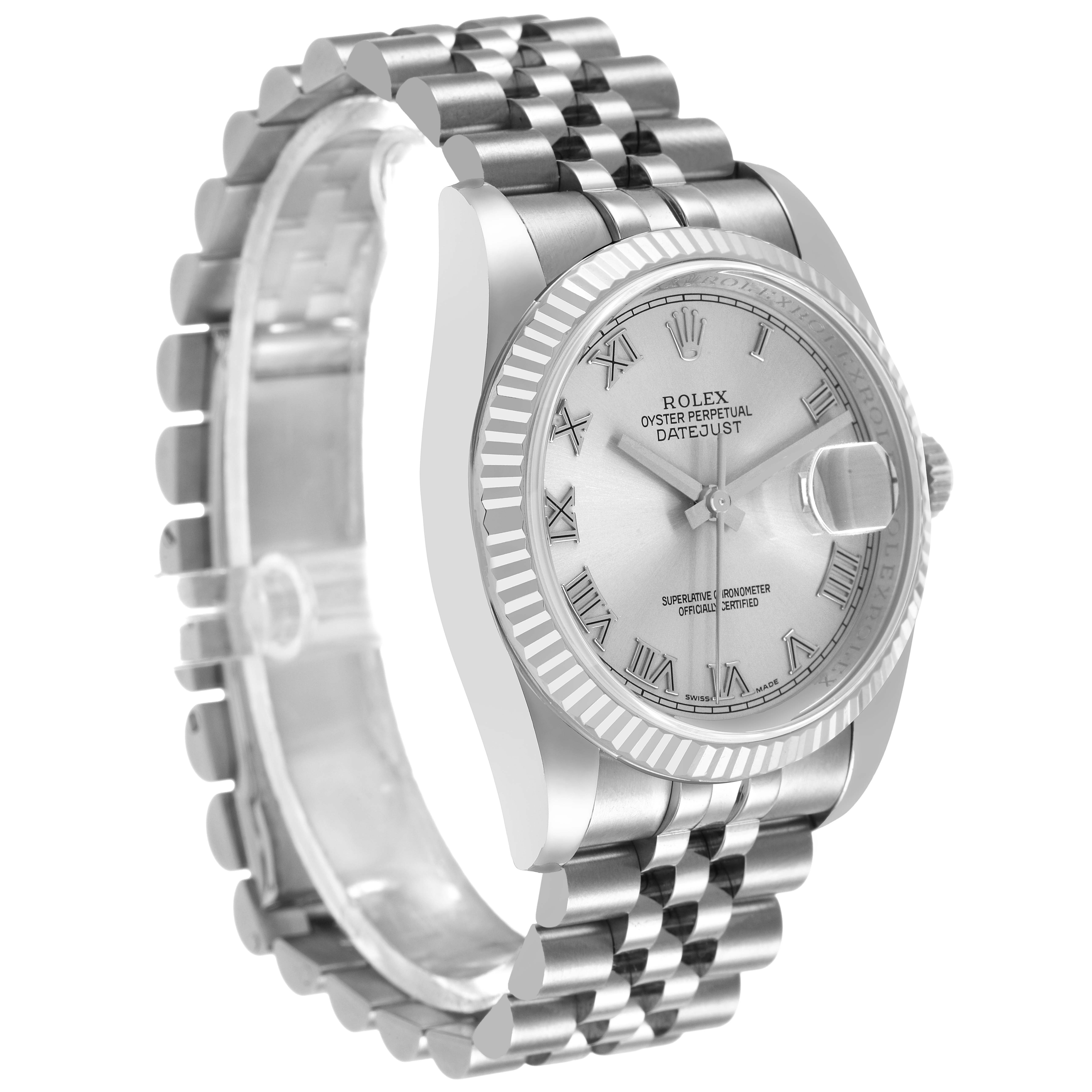 The Rolex Datejust 116234 Men's Stainless Steel White Dial watch is shown from a three-quarter angle, highlighting its face, fluted bezel, and Jubilee bracelet.