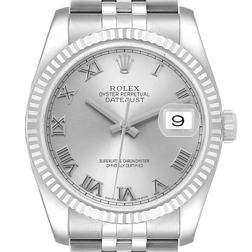 The image shows a front view of a Rolex Datejust 116234 Men's Stainless Steel White Dial watch, highlighting the Roman numeral dial, fluted bezel, and date window.