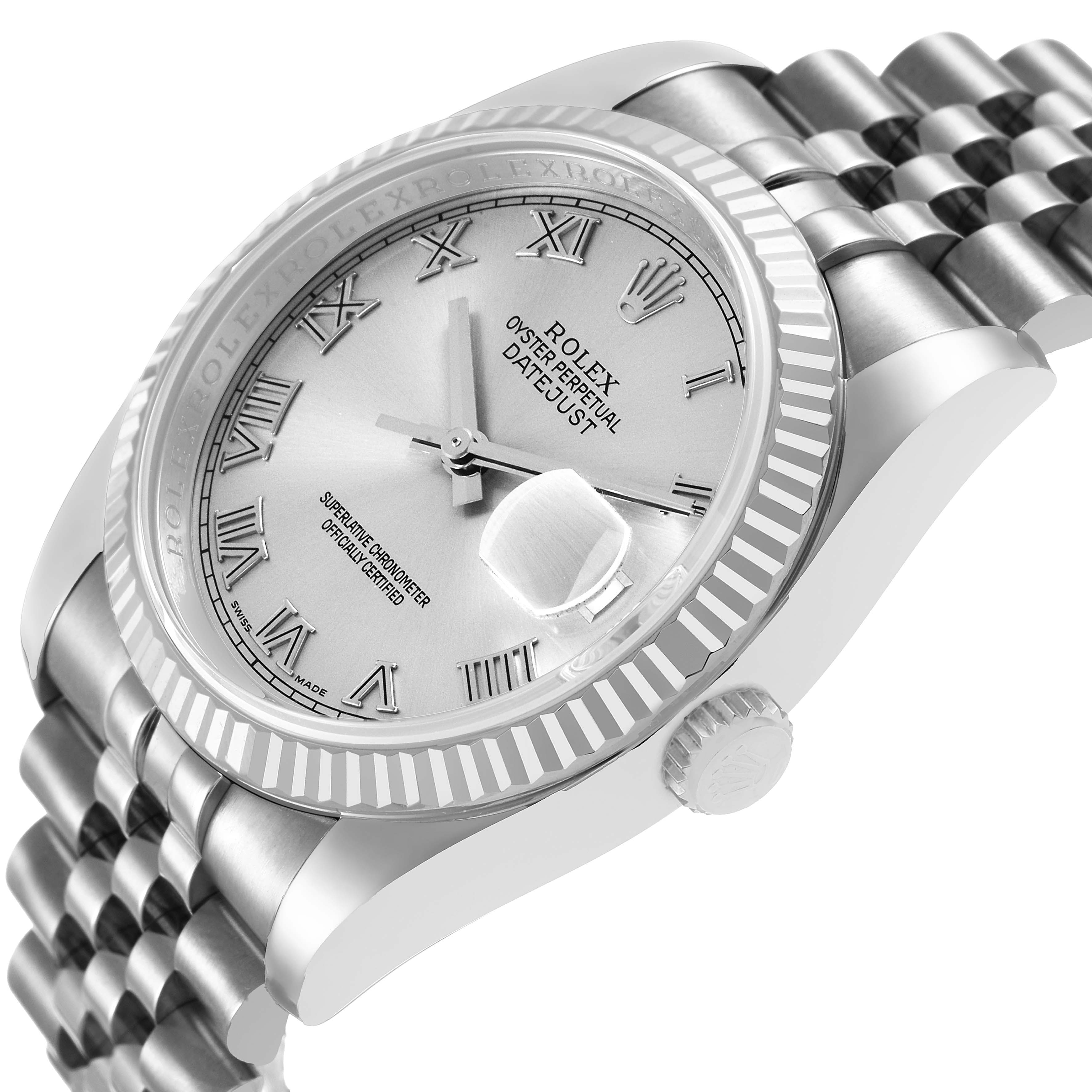 The Rolex Datejust 116234 Men's Stainless Steel White Dial watch is shown at a three-quarter angle, highlighting the dial, fluted bezel, and Jubilee bracelet.