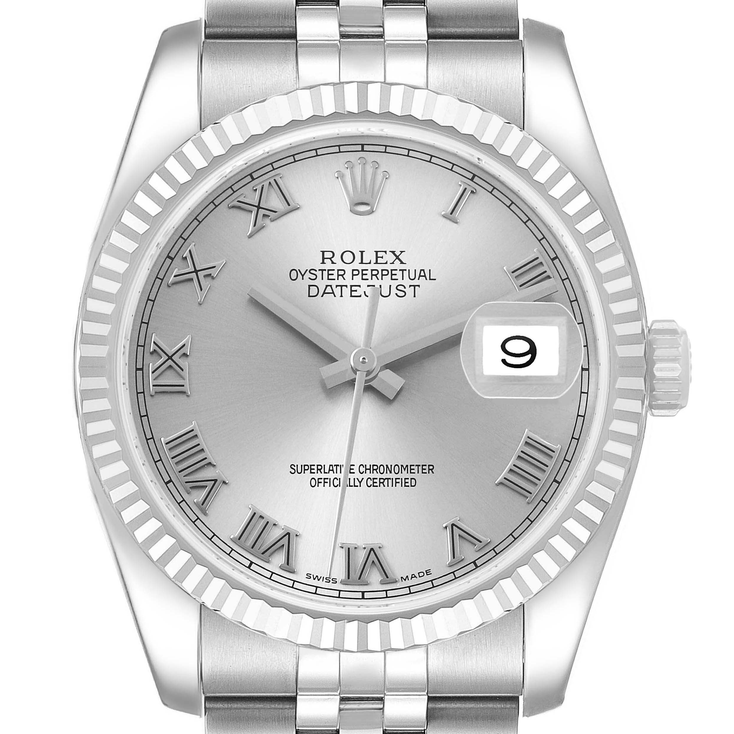 The Rolex Datejust 116234 Men's Stainless Steel White Dial watch is shown from a frontal angle, displaying the dial, fluted bezel, bracelet, and date window.