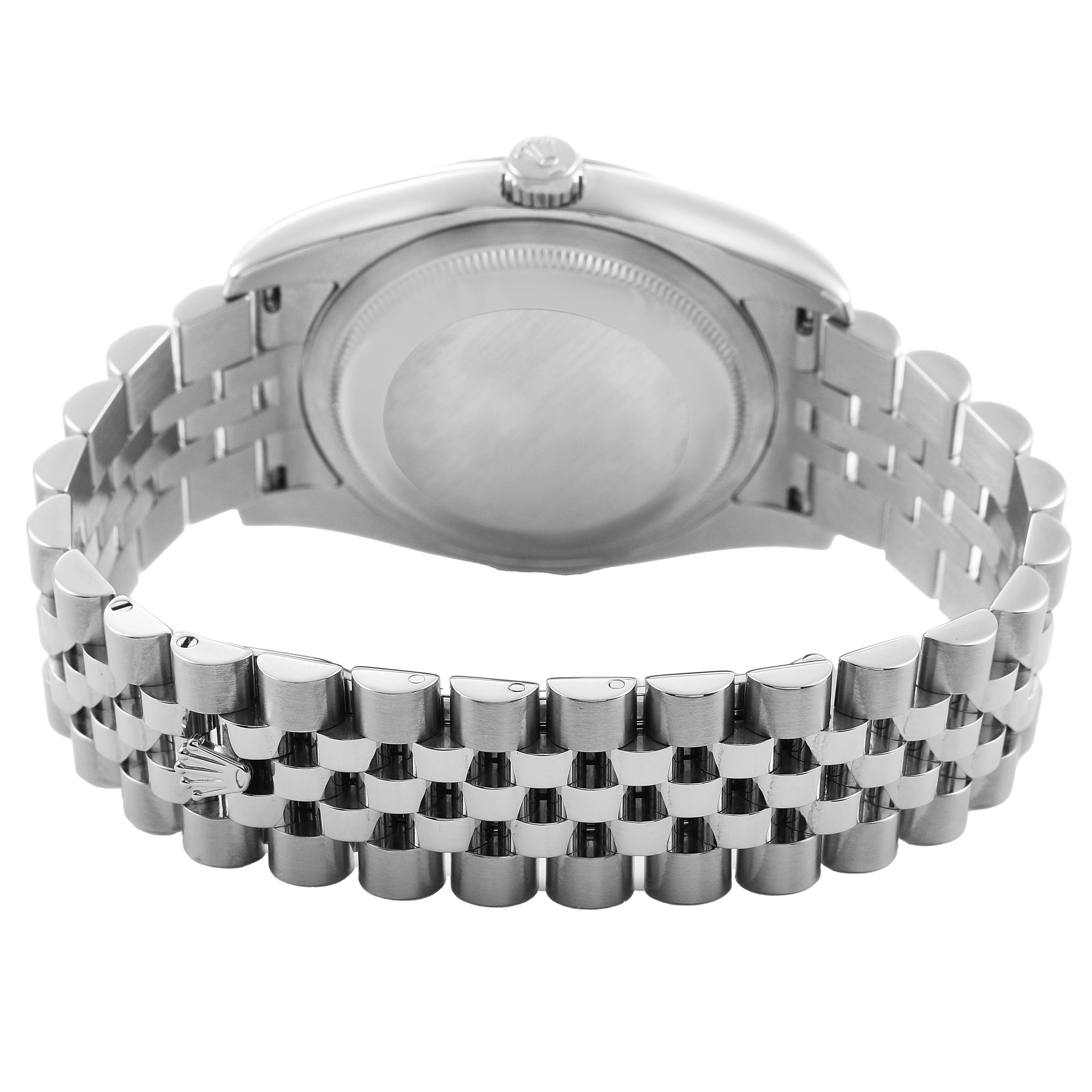 The image shows the back of a Rolex Datejust 116234 Men's Stainless Steel White Dial watch, highlighting the case back and metal bracelet from a rear angle.