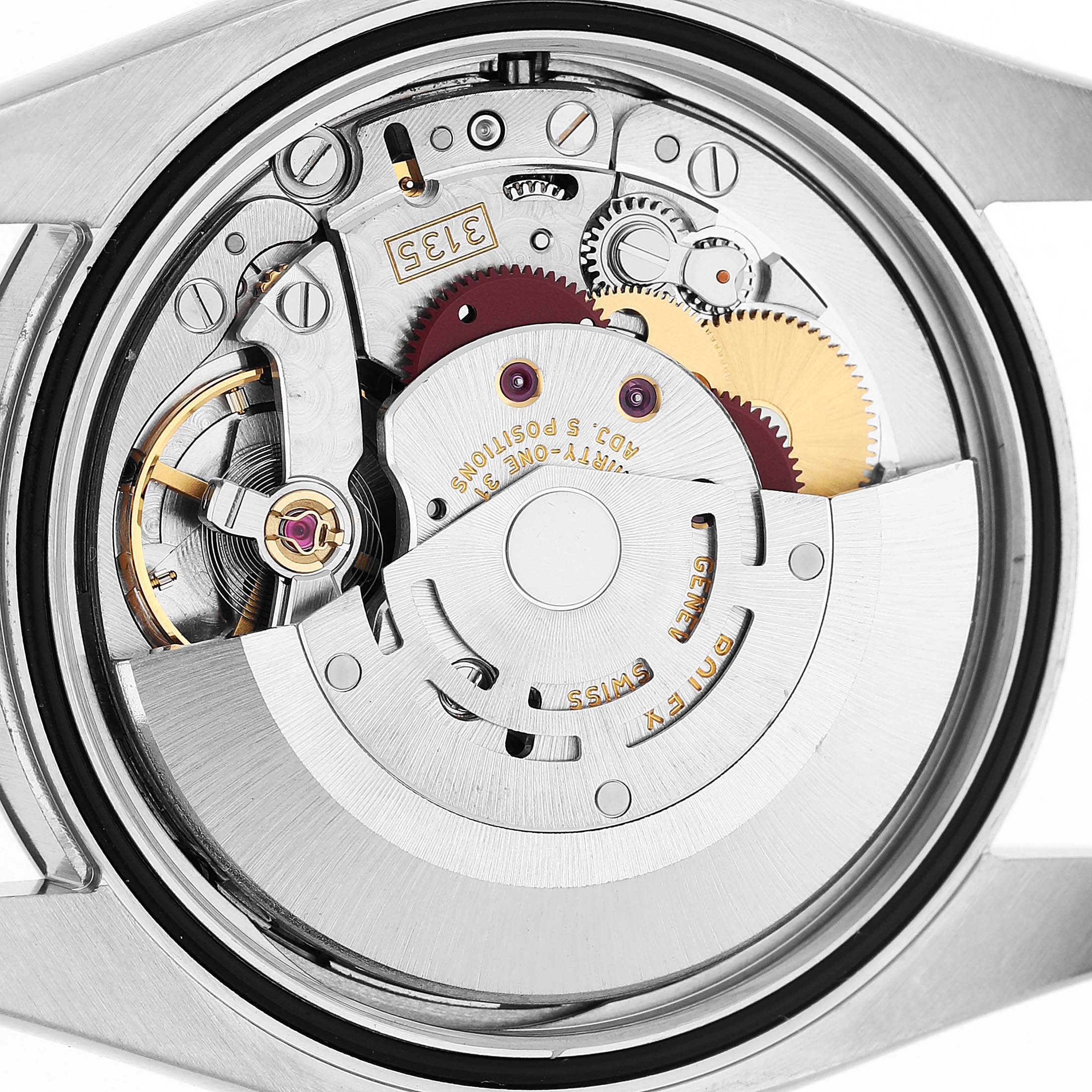 This image shows the inner mechanical movement of a Rolex Datejust 116234 Men's Stainless Steel White Dial watch, highlighting gears and components.