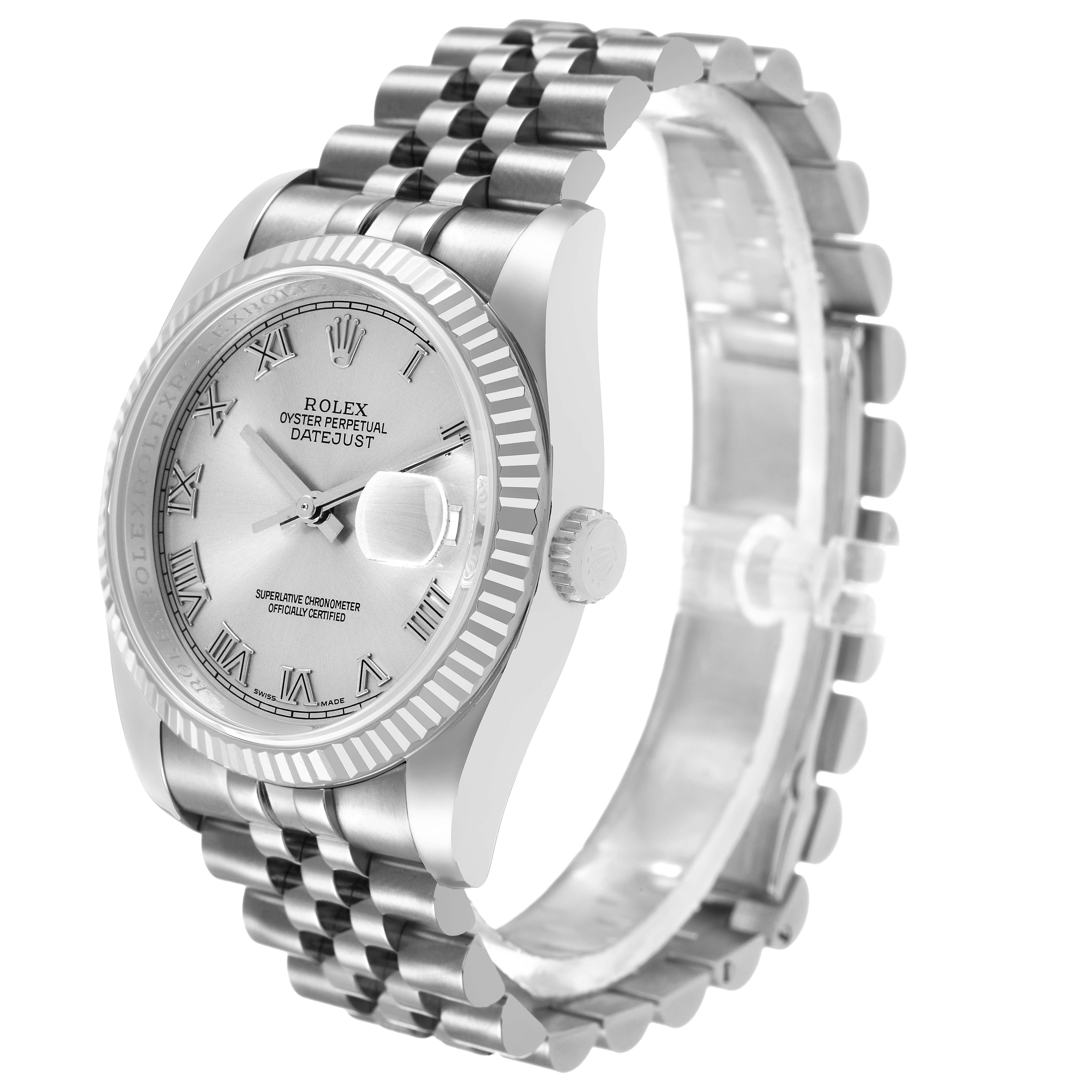 The Rolex Datejust 116234 Men's Stainless Steel White Dial watch is shown at an angled side view, highlighting the case, bezel, dial, and Jubilee bracelet.