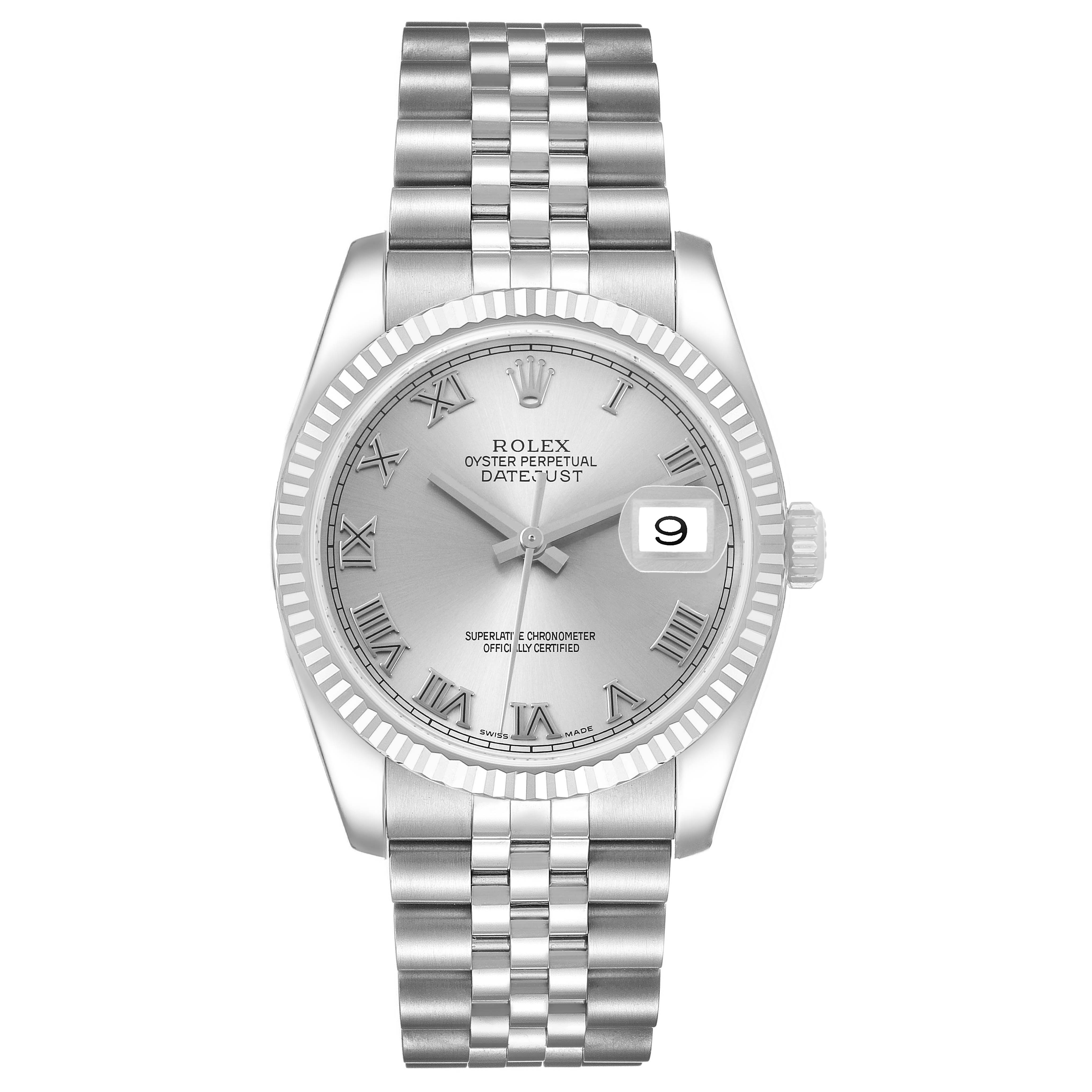 The Rolex Datejust 116234 Men's Stainless Steel White Dial watch is shown from a front angle, displaying the dial, roman numerals, fluted bezel, and Jubilee bracelet.