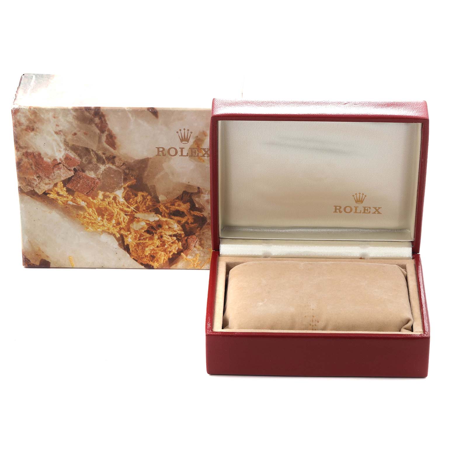 This image shows a Rolex Datejust 69173 Women
s Steel and Gold (two tone) Champagne Dial 69173 Women
s Steel and Gold (two tone) Champagne Dial watch box at a straight angle, with the box open and a protective cushion inside.