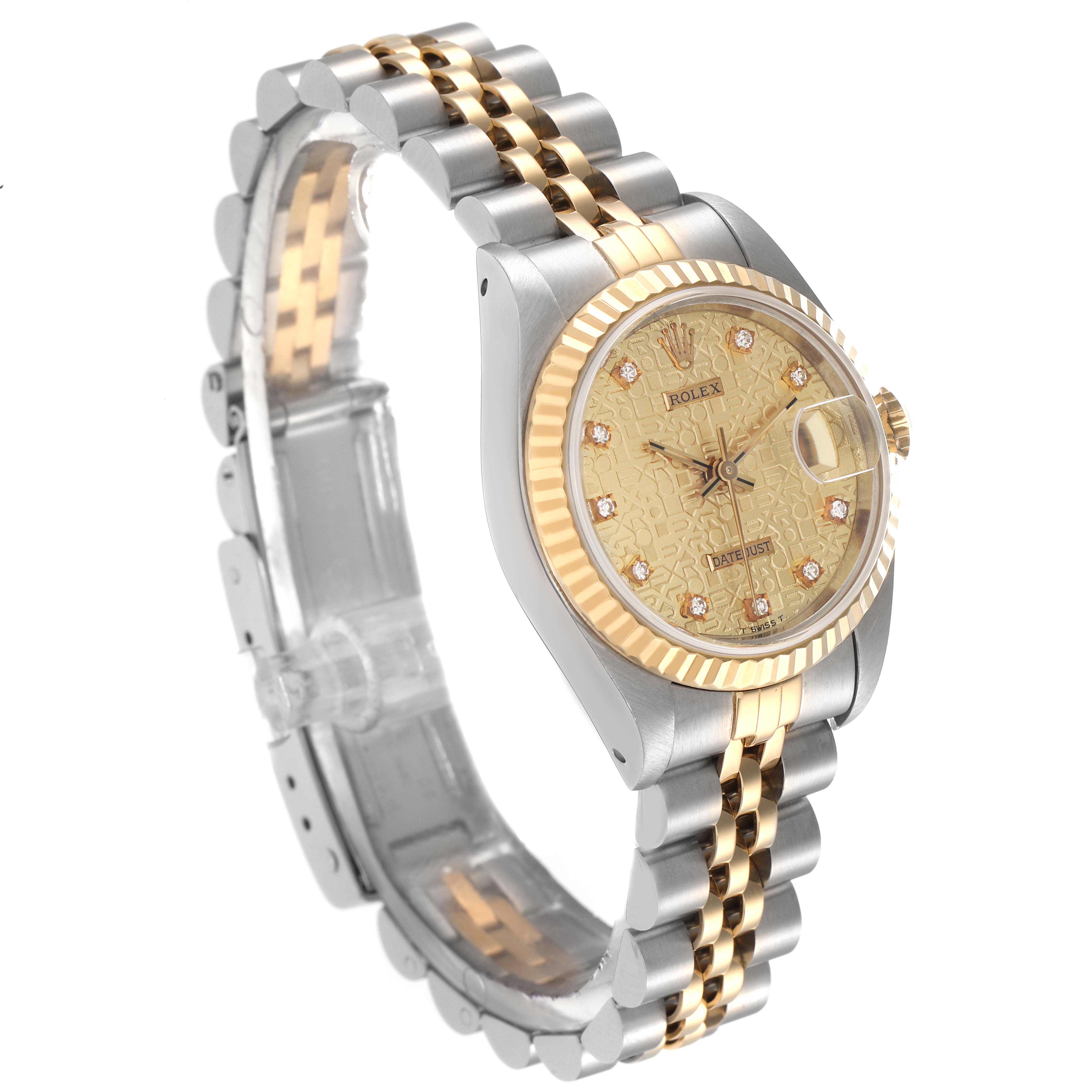 The Rolex Datejust 69173 Women
s Steel and Gold (two tone) Champagne Dial 69173 Women
s Steel and Gold (two tone) Champagne Dial watch is shown at a three-quarter angle, displaying the face, dial, case, and part of the bracelet.