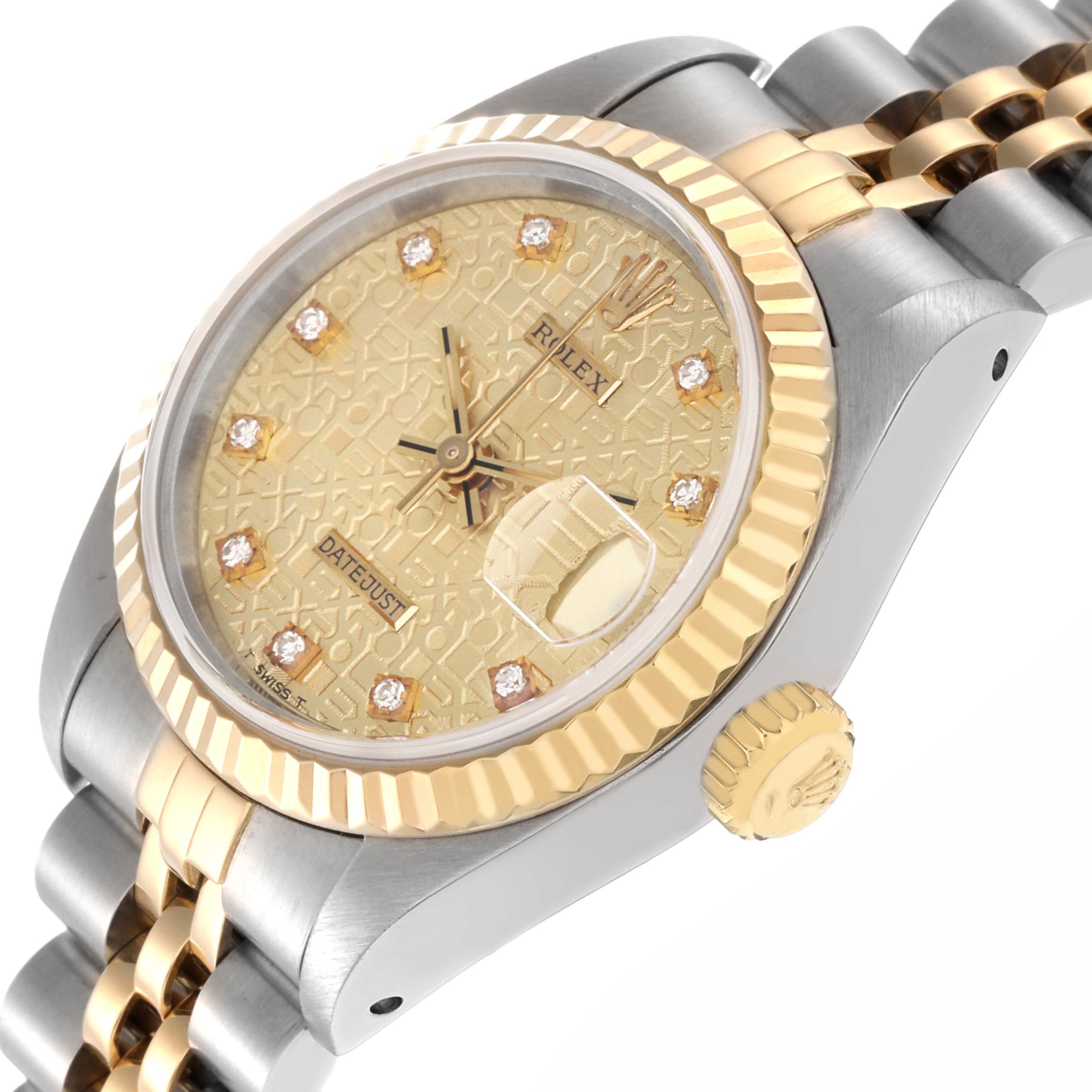 The Rolex Datejust 69173 Women
s Steel and Gold (two tone) Champagne Dial 69173 Women
s Steel and Gold (two tone) Champagne Dial watch is shown at a tilted angle, highlighting the face, bezel, crown, and part of the bracelet.