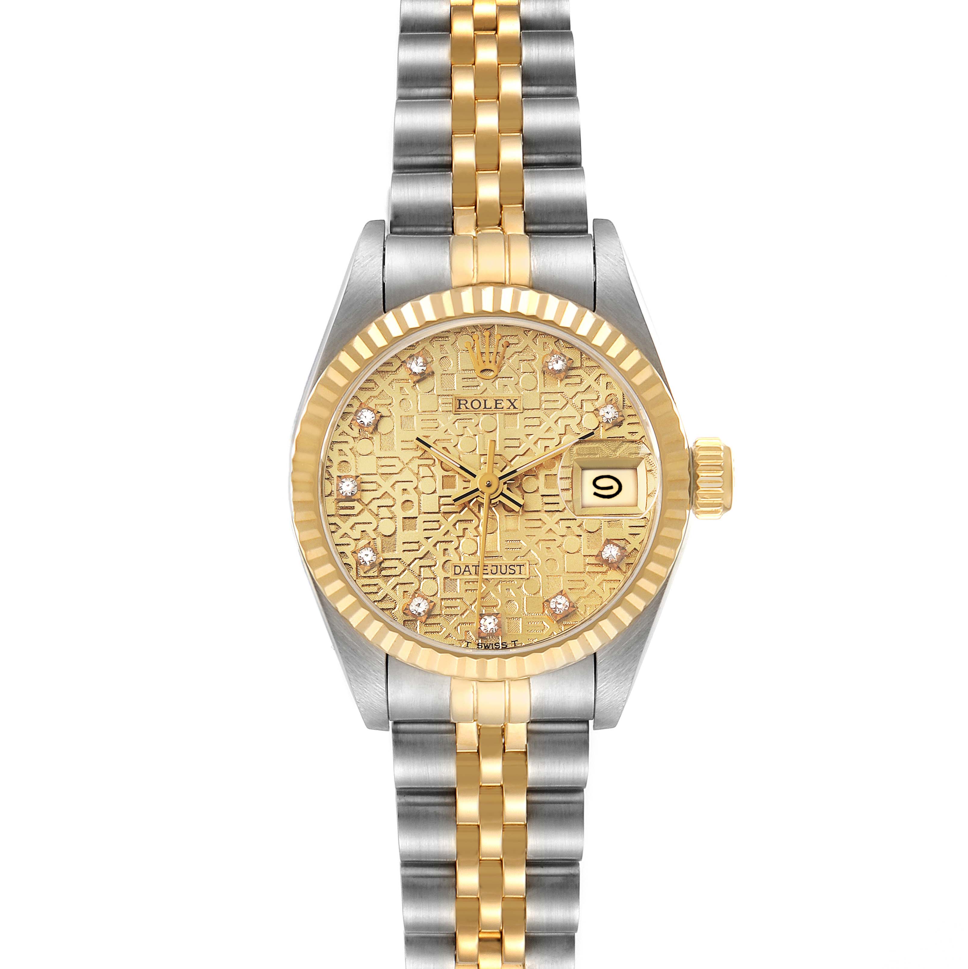 The Rolex Datejust 69173 Women
s Steel and Gold (two tone) Champagne Dial 69173 Women
s Steel and Gold (two tone) Champagne Dial watch is shown in a front view, displaying the dial, bezel, and jubilee bracelet.