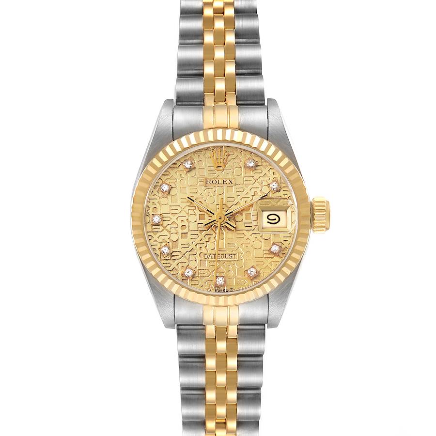 The Rolex Datejust watch is shown in a front view, displaying the dial, bezel, and jubilee bracelet.