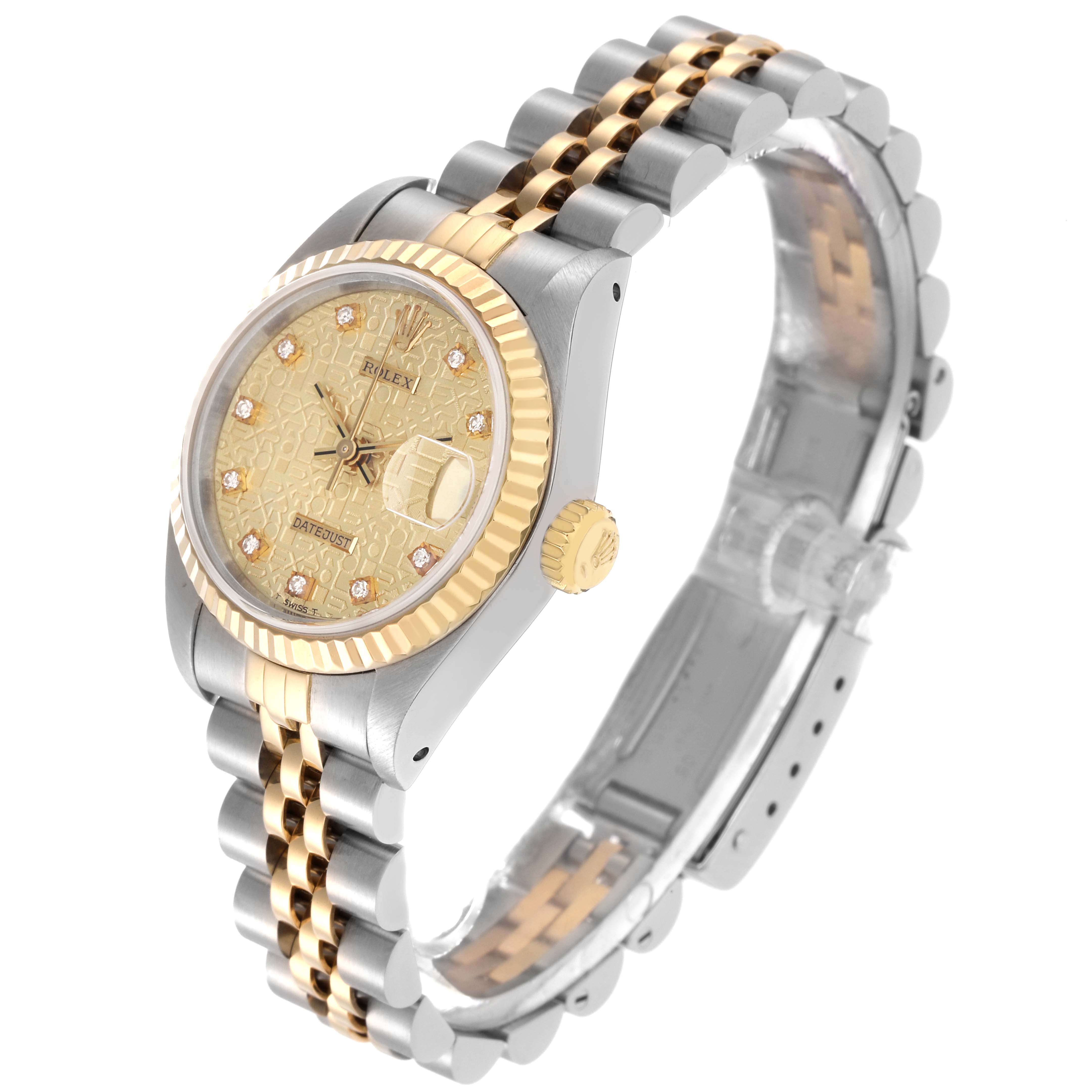 The Rolex Datejust 69173 Women
s Steel and Gold (two tone) Champagne Dial 69173 Women
s Steel and Gold (two tone) Champagne Dial watch is shown from a three-quarter angle, displaying the dial, crown, and bracelet.