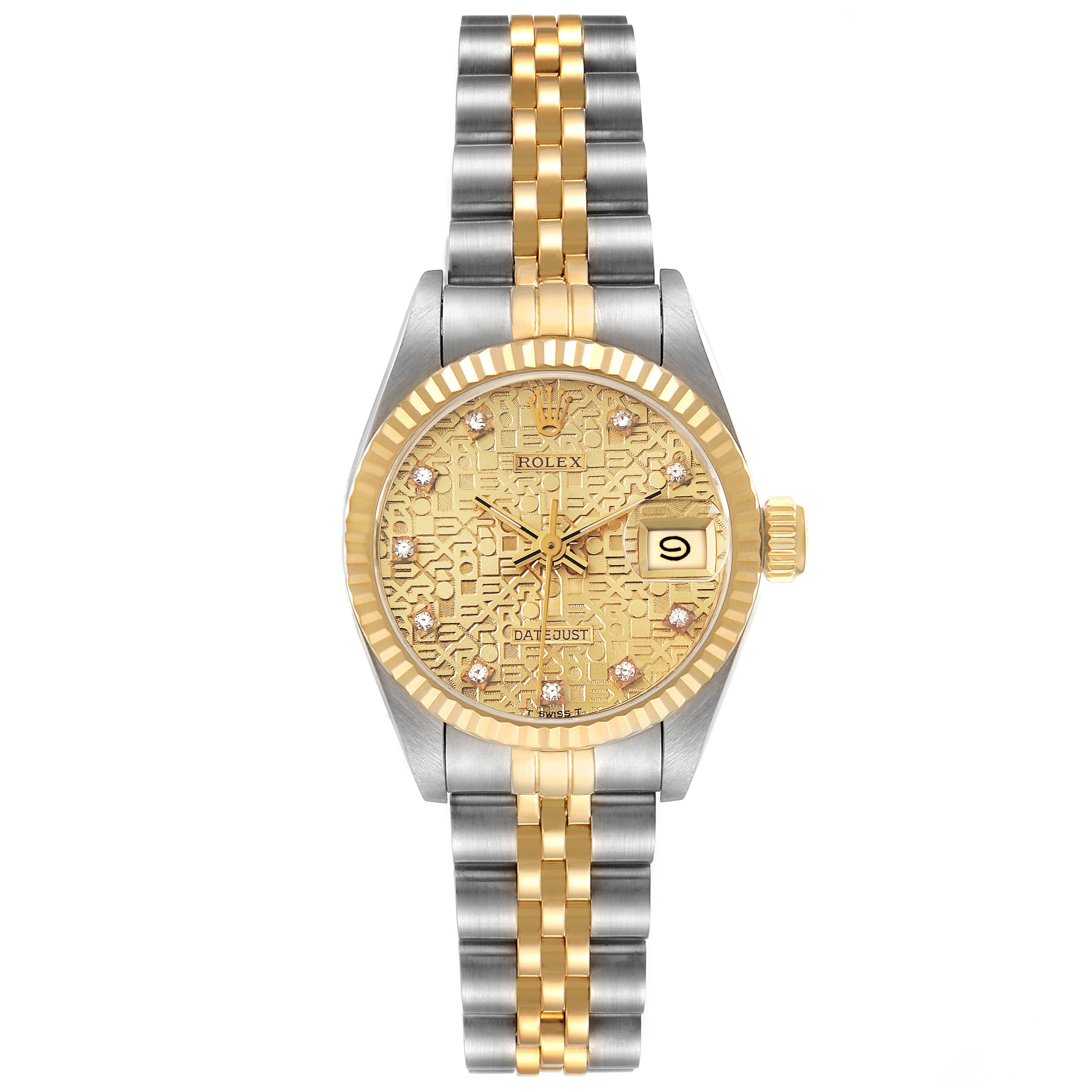 The Rolex Datejust 69173 Women
s Steel and Gold (two tone) Champagne Dial 69173 Women
s Steel and Gold (two tone) Champagne Dial watch is shown from the front, highlighting the dial, bezel, crown, and two-tone bracelet.