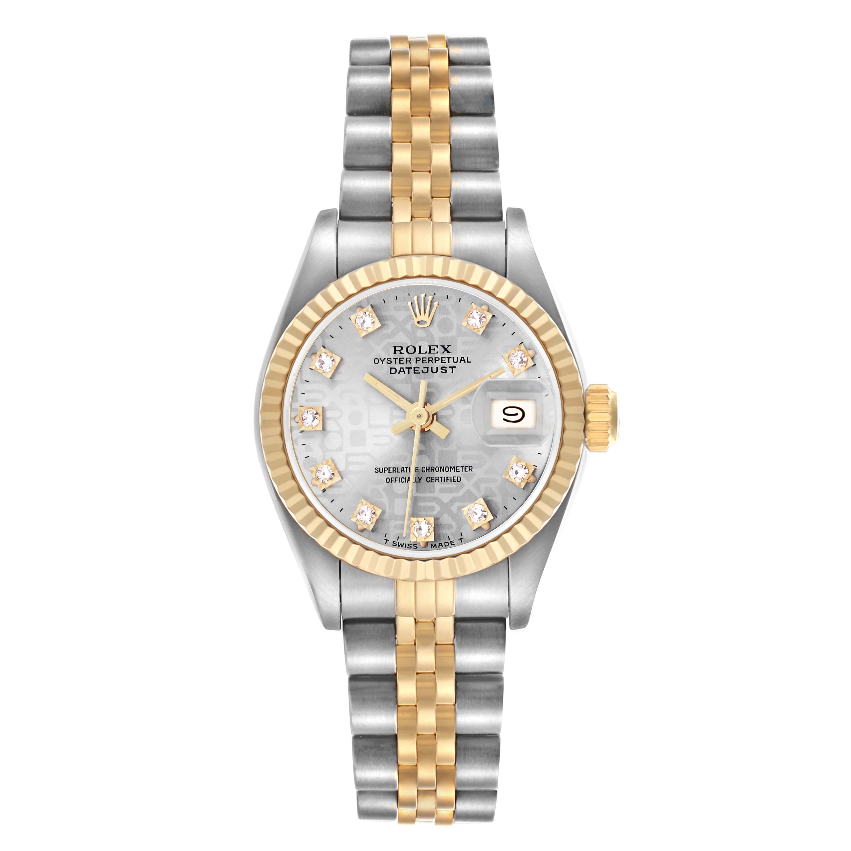 The Rolex Datejust 69173 Women
s Steel and Gold (two tone) Silver Dial 69173 Women
s Steel and Gold (two tone) Silver Dial watch is shown from the front, displaying its face, dial, bezel, case, and bracelet.