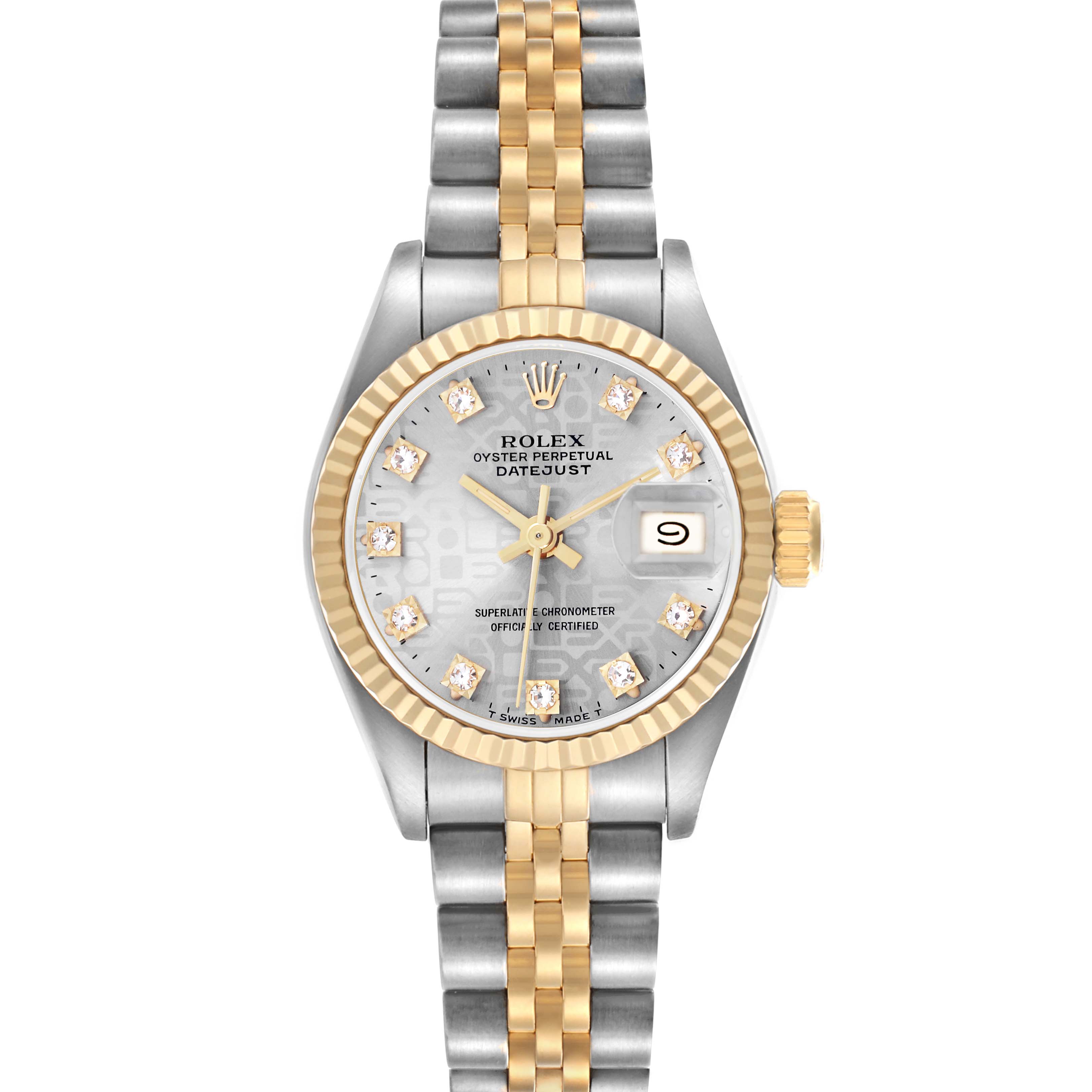 The Rolex Datejust 69173 Women
s Steel and Gold (two tone) Silver Dial 69173 Women
s Steel and Gold (two tone) Silver Dial watch is shown from a front view, displaying the face, fluted bezel, and two-tone bracelet.