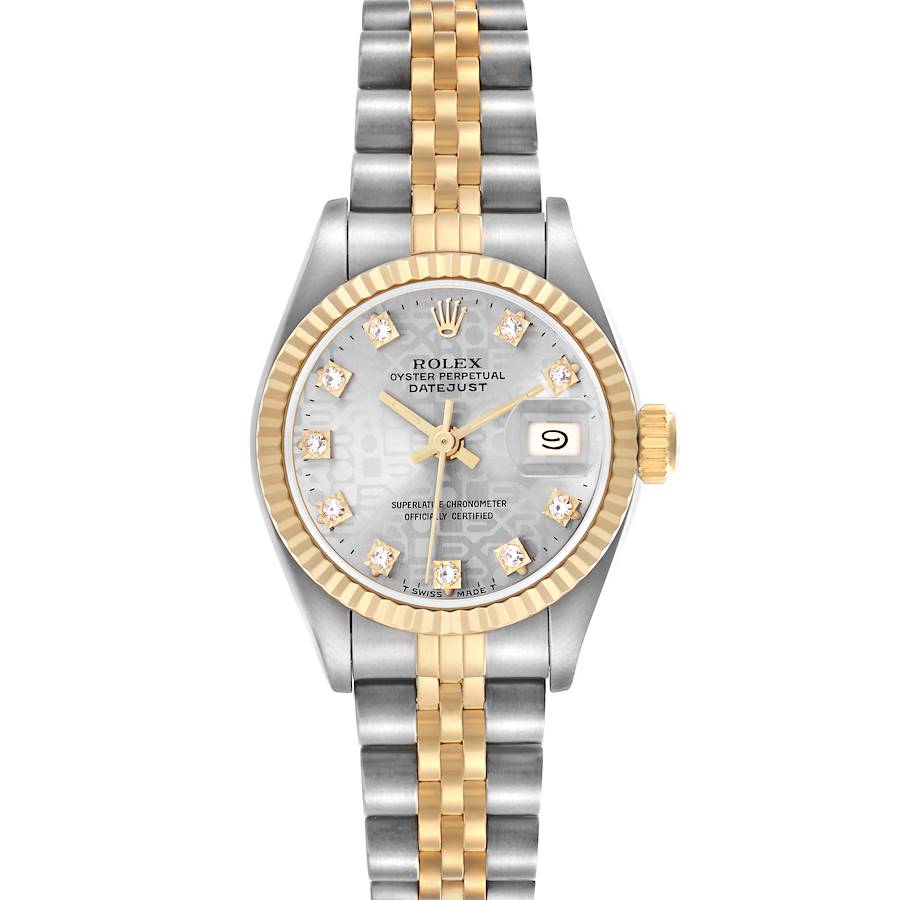 The Rolex Datejust watch is shown from a front view, displaying the face, fluted bezel, and two-tone bracelet.