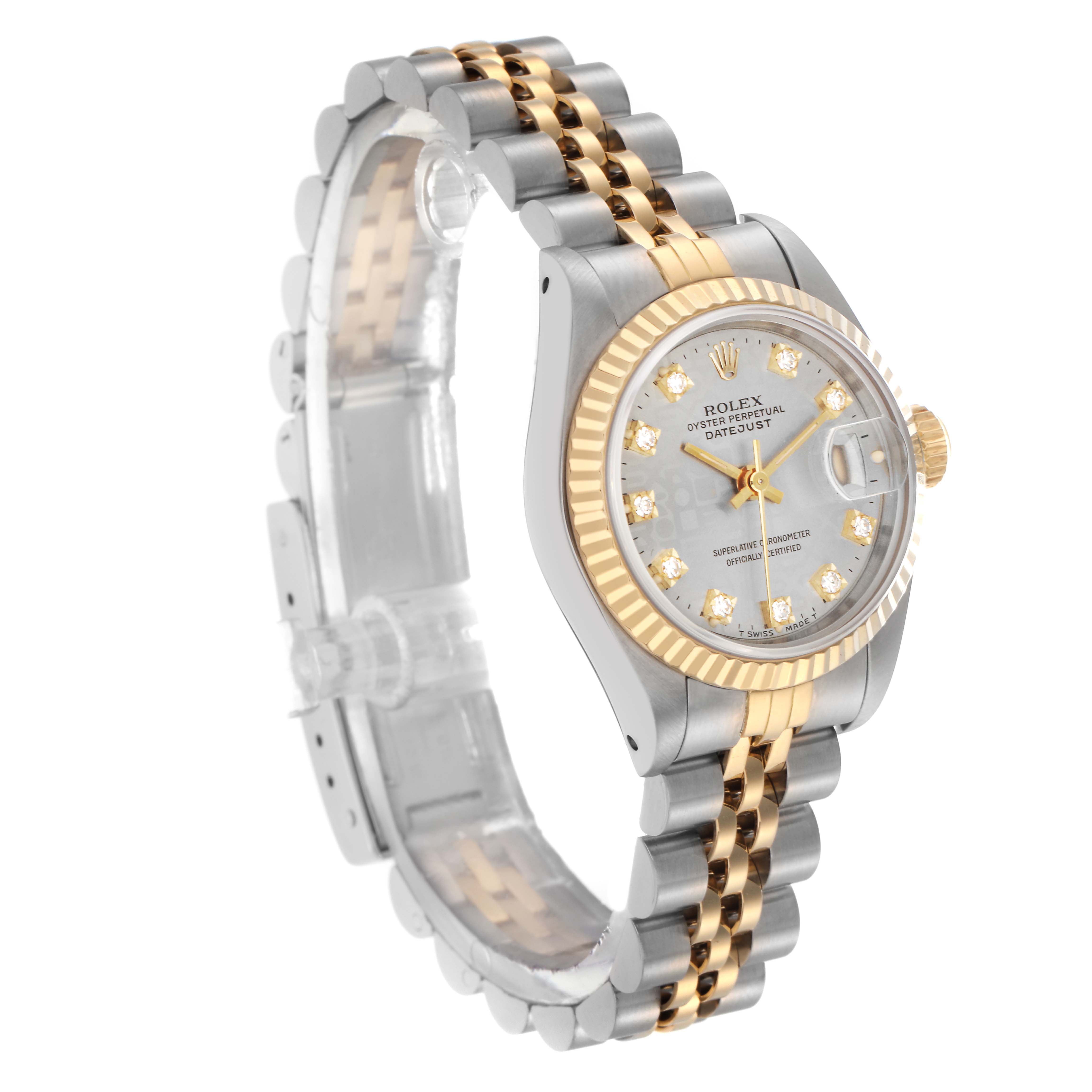 The Rolex Datejust 69173 Women
s Steel and Gold (two tone) Silver Dial 69173 Women
s Steel and Gold (two tone) Silver Dial watch is shown at a 3/4 angle, highlighting its two-tone bracelet, bezel, and dial with diamond markers.