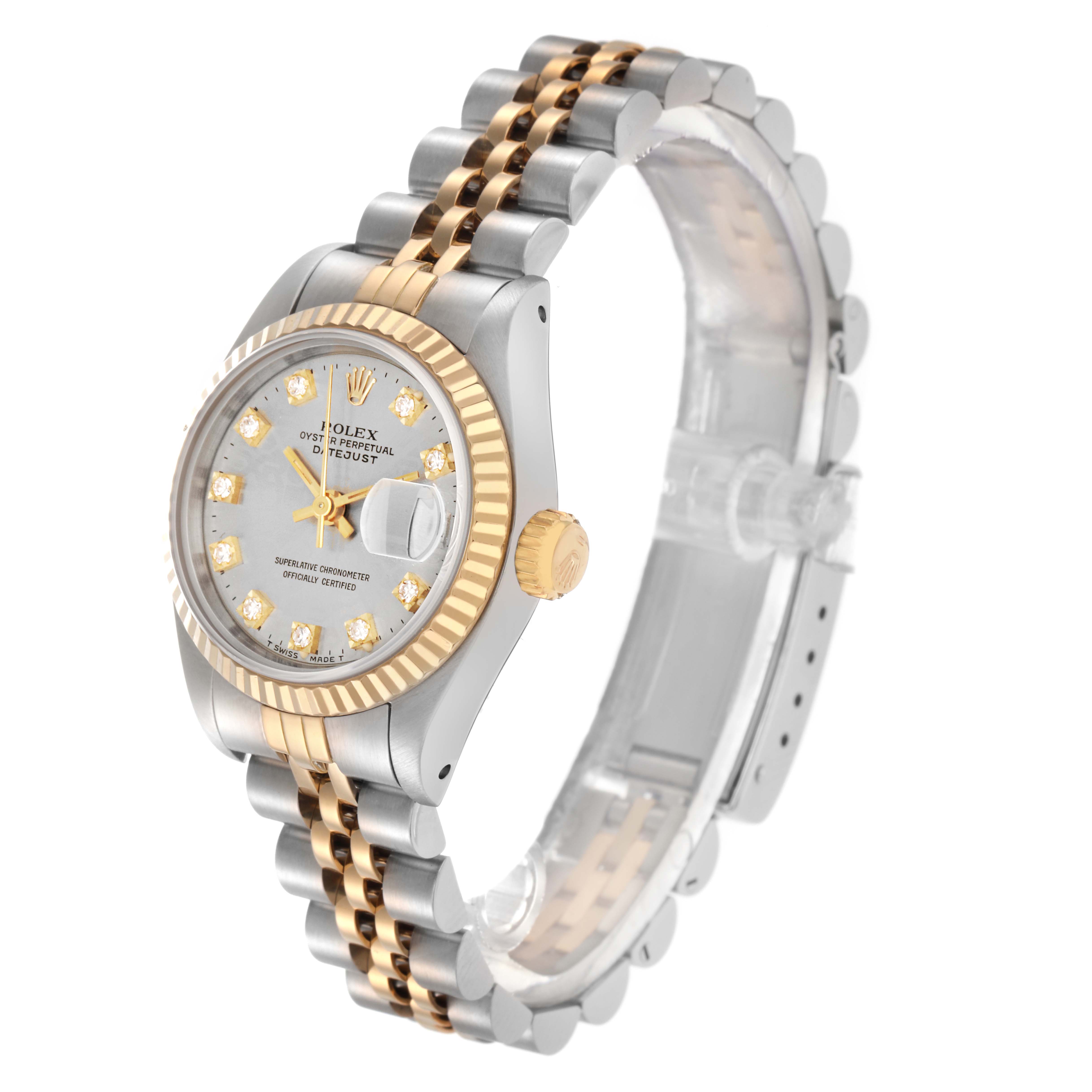 The Rolex Datejust 69173 Women
s Steel and Gold (two tone) Silver Dial 69173 Women
s Steel and Gold (two tone) Silver Dial watch is shown at a slight angle highlighting the face, bezel, crown, and Jubilee bracelet.