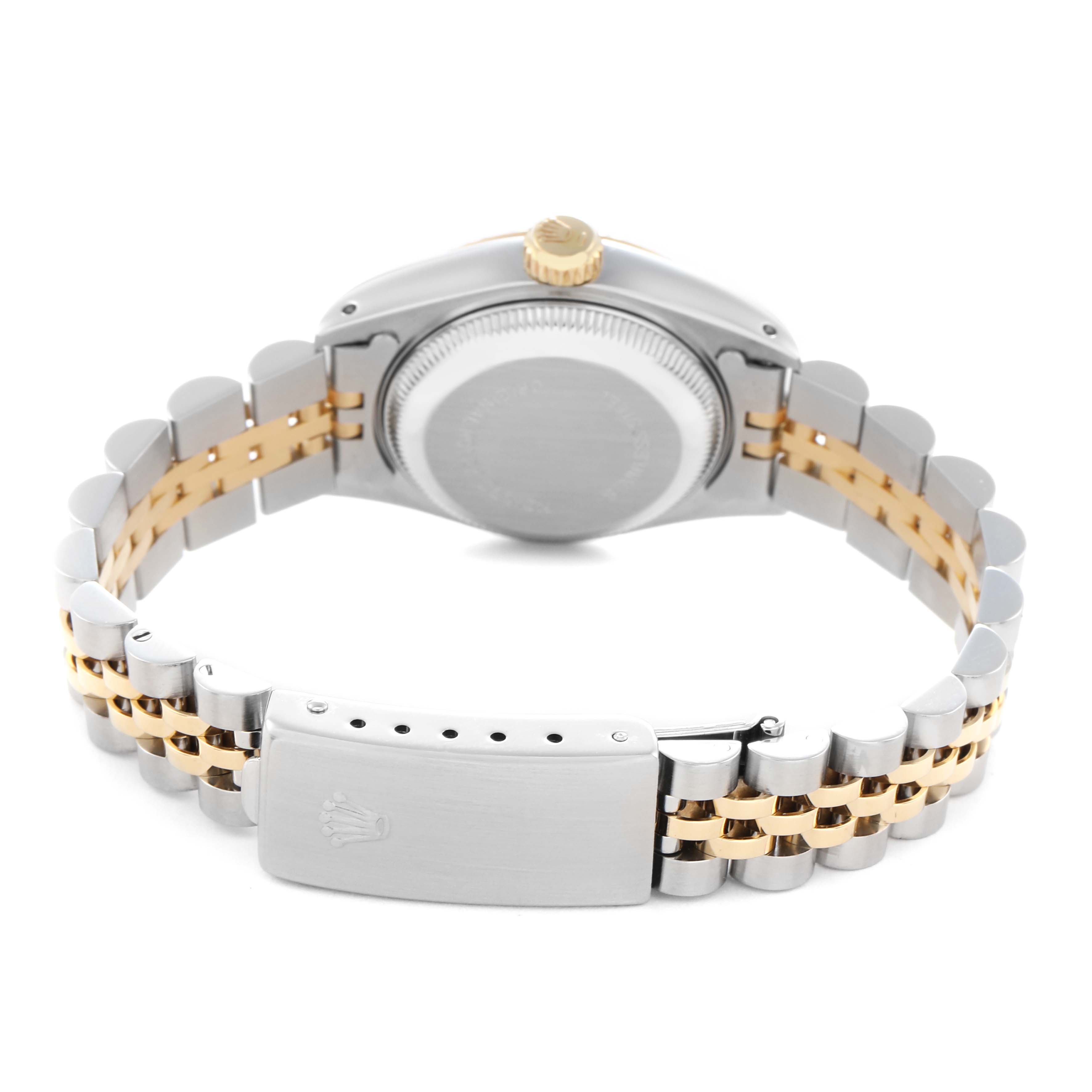 The image shows the back of a Rolex Datejust 69173 Women
s Steel and Gold (two tone) Silver Dial 69173 Women
s Steel and Gold (two tone) Silver Dial, featuring its case back, crown, and two-tone bracelet with the clasp.