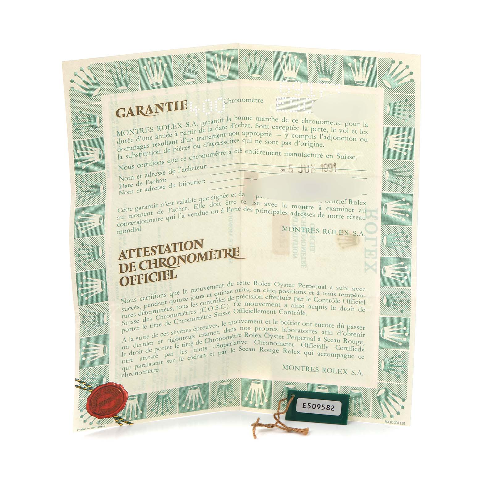 The image shows a warranty certificate and a tag for a Rolex Datejust 69173 Women
s Steel and Gold (two tone) Silver Dial 69173 Women
s Steel and Gold (two tone) Silver Dial watch, focused on documents and accessories.