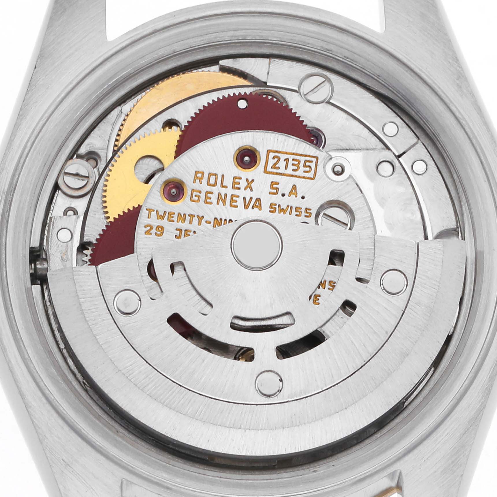 The image shows the movement and inner mechanism of a Rolex Datejust 69173 Women
s Steel and Gold (two tone) Silver Dial 69173 Women
s Steel and Gold (two tone) Silver Dial watch from the back.