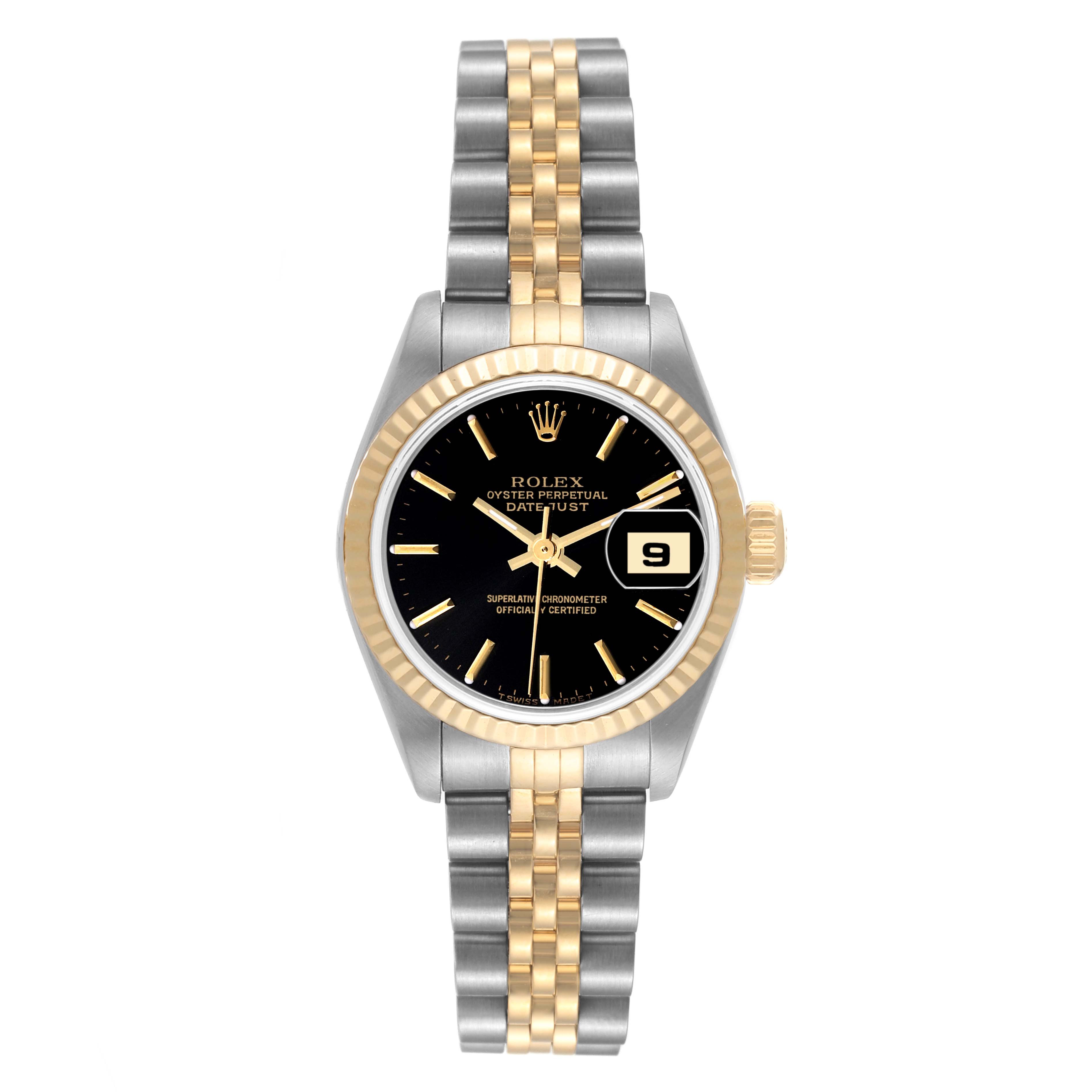 This image shows a front view of a Rolex Datejust 79173 Women's Steel and Gold (two tone) Black Dial 79173 Women's Steel and Gold (two tone) Black Dial watch, highlighting its black dial, gold bezel, and two-tone metal bracelet.