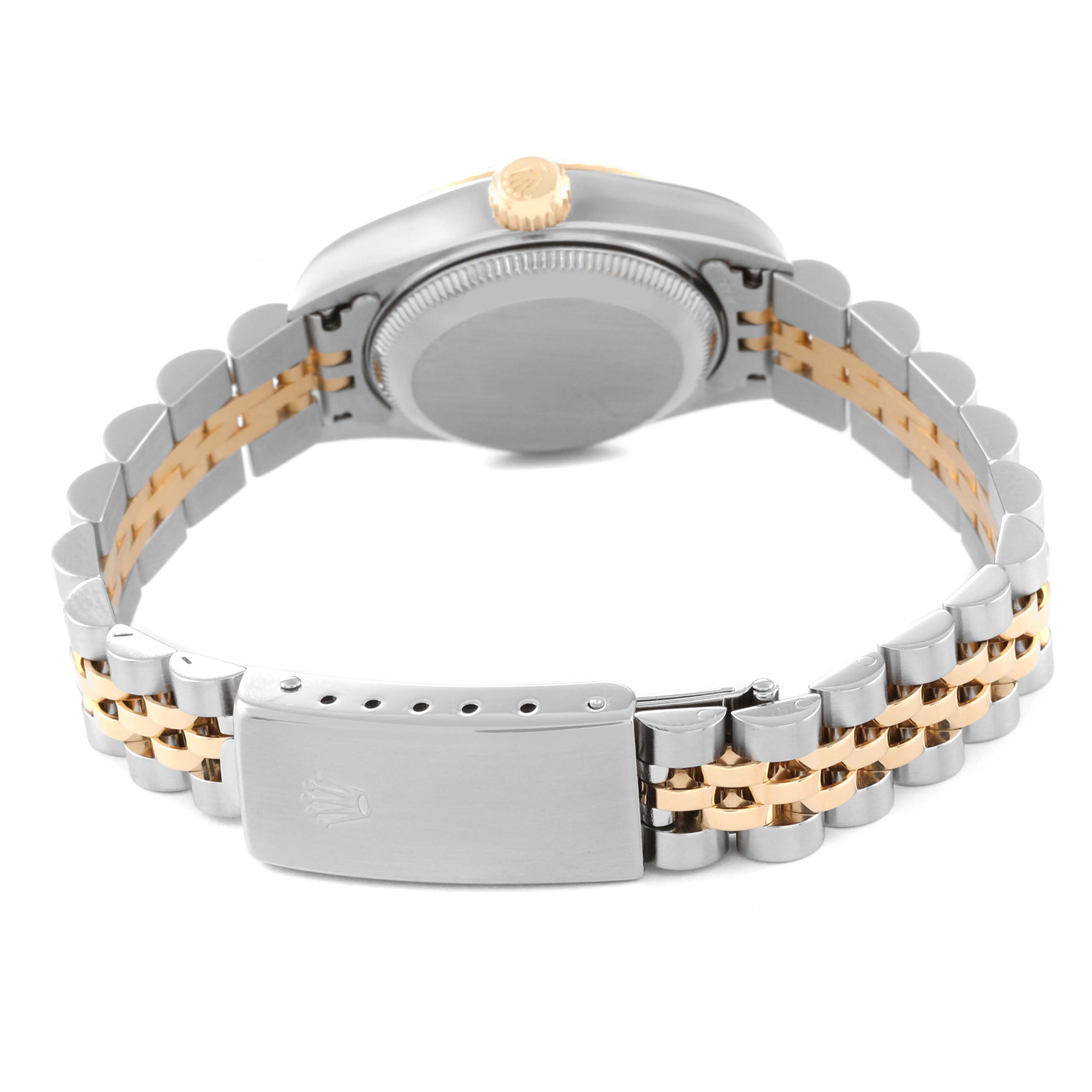 This image shows the back view of a Rolex Datejust 79173 Women's Steel and Gold (two tone) Black Dial 79173 Women's Steel and Gold (two tone) Black Dial watch, highlighting the clasp, bracelet, case back, and crown.