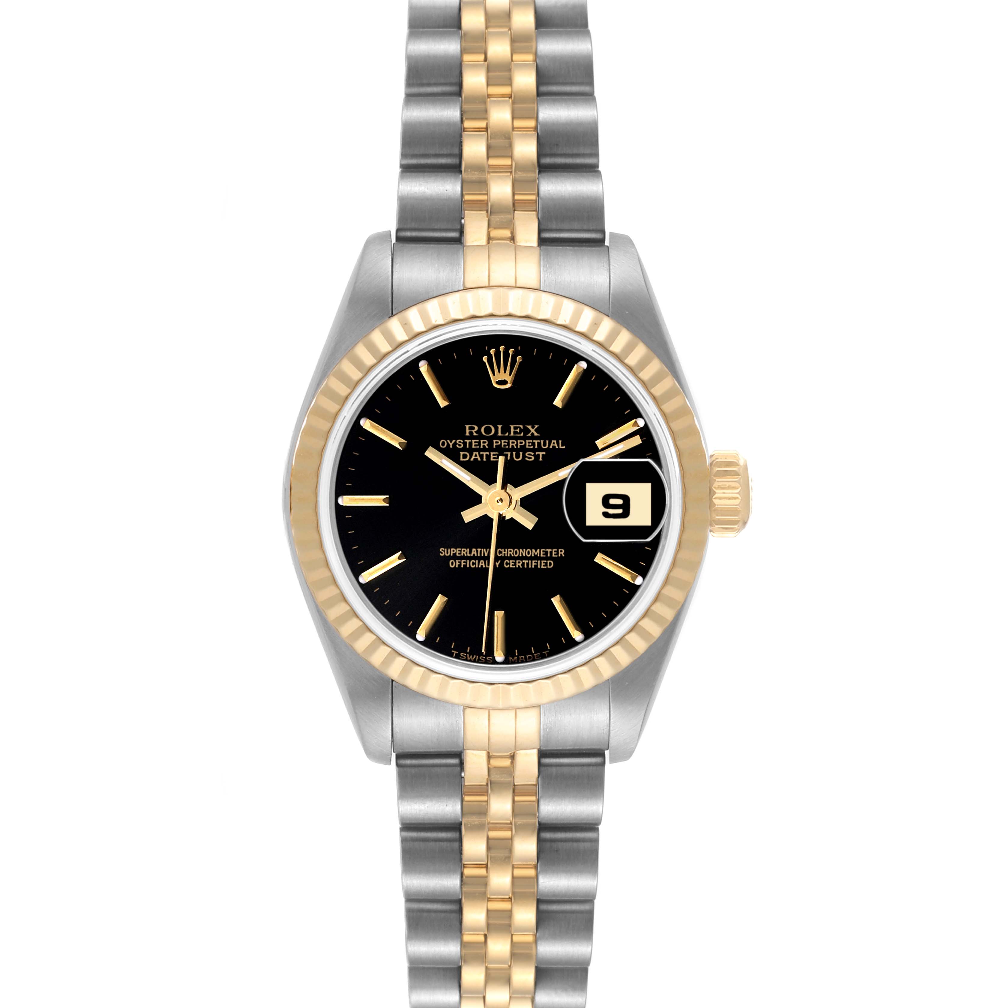 This image shows a front view of a Rolex Datejust 79173 Women's Steel and Gold (two tone) Black Dial 79173 Women's Steel and Gold (two tone) Black Dial watch, highlighting the black dial, gold bezel, and two-tone bracelet.