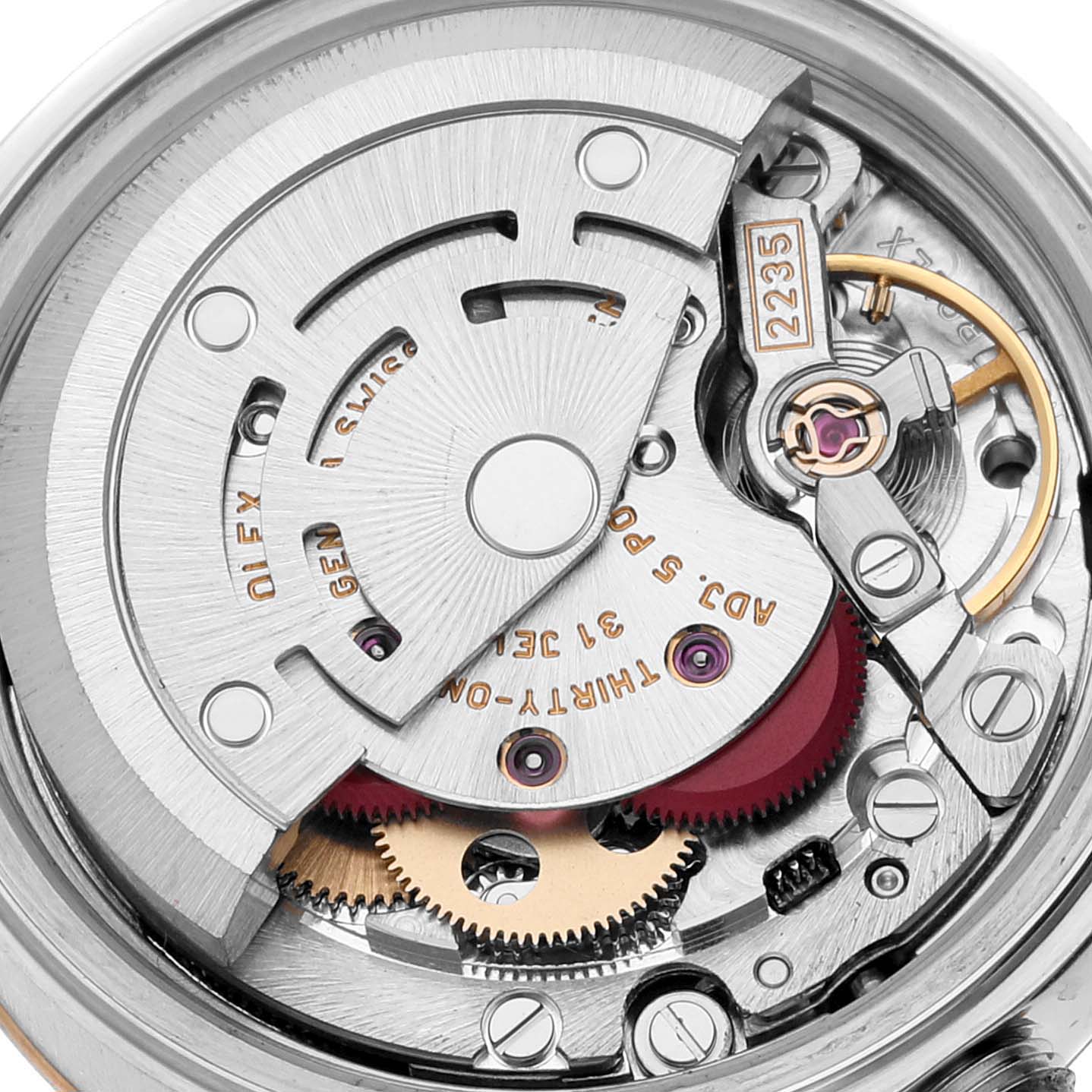 This image shows the detailed movement mechanism of a Rolex Datejust 79173 Women's Steel and Gold (two tone) Black Dial 79173 Women's Steel and Gold (two tone) Black Dial watch from a close-up, top-down angle.