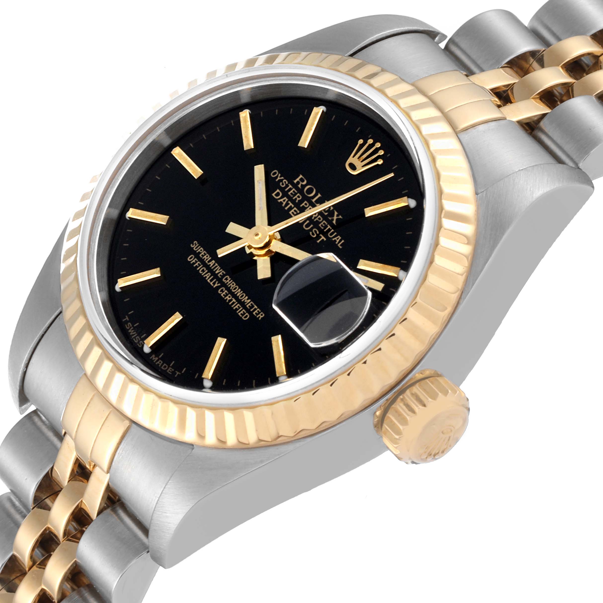 This image shows a close-up angle of a Rolex Datejust 79173 Women's Steel and Gold (two tone) Black Dial 79173 Women's Steel and Gold (two tone) Black Dial watch featuring the bezel, crown, dial, and part of the bracelet.