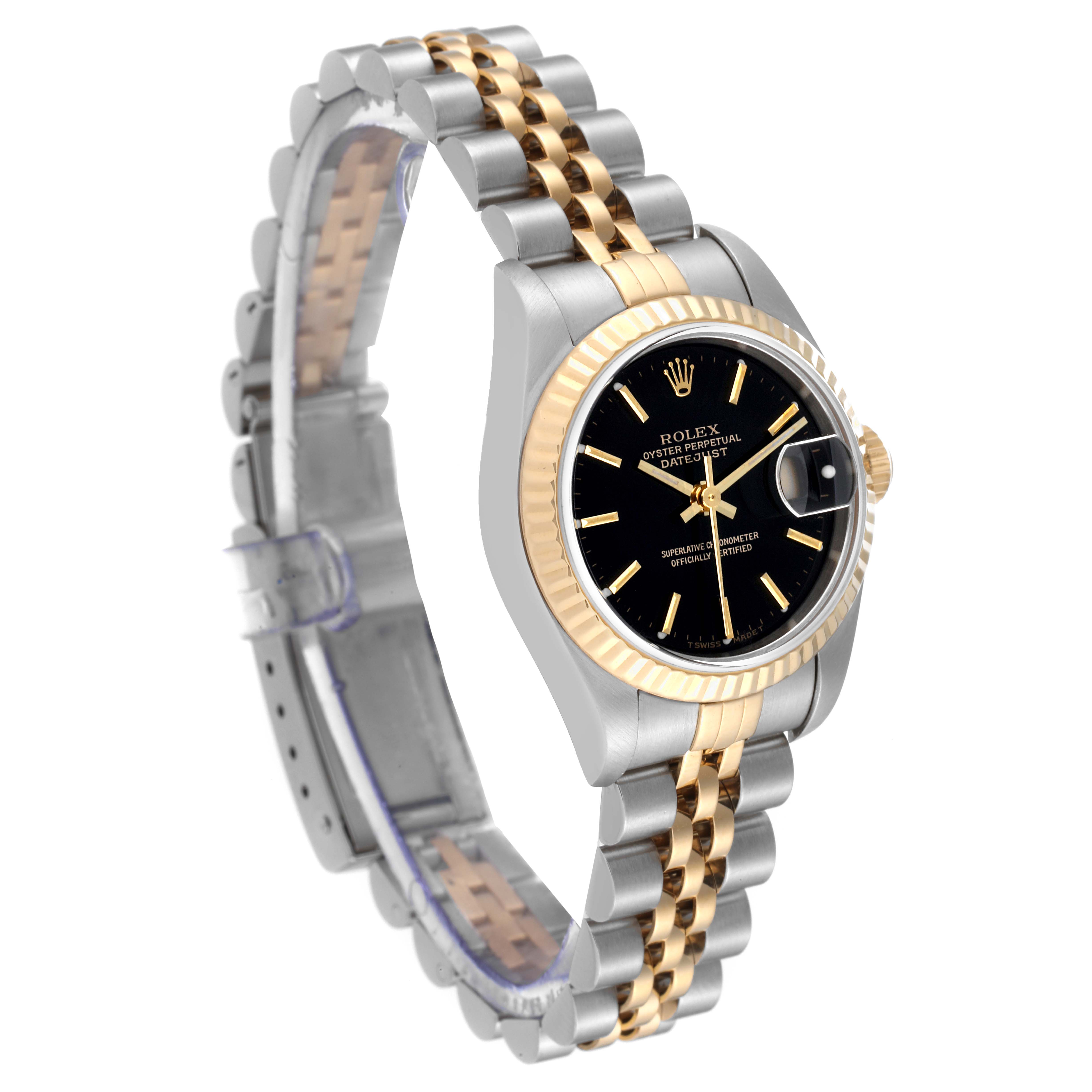 The Rolex Datejust 79173 Women's Steel and Gold (two tone) Black Dial 79173 Women's Steel and Gold (two tone) Black Dial watch is shown at an angled side view, displaying the face, bezel, and bracelet.